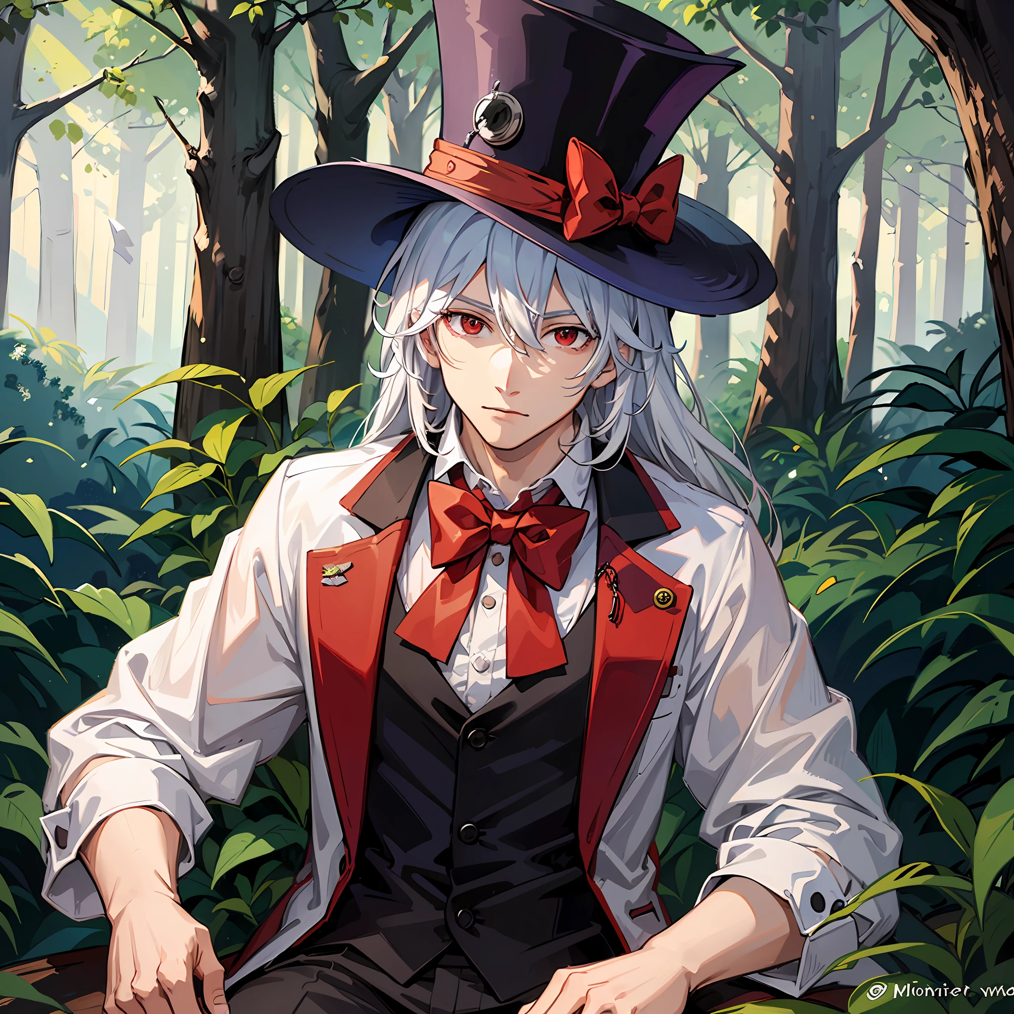 A man, mad hatter, in the forest, white hair, red eyes