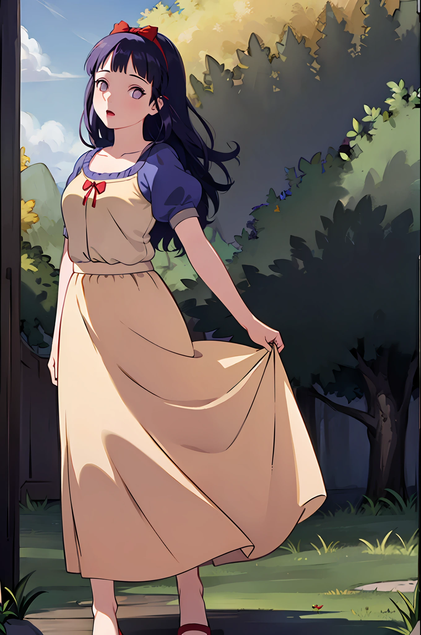 (masterpiece, best quality, high resolution:1.4), portrait, analog, RAW format,
snow white,
1girl, woman, looking at viewer,
(medieval dress:1.3, yellow skirt, long skirt, red hairband, puffy sleeve), snow white,
standing,
outdoors, nature, forest,
perfect light, medium breast, (long hair:1.3), blunt bangs, purple eyes, dark blue hair, (red hairband with bow:1.3), mature woman