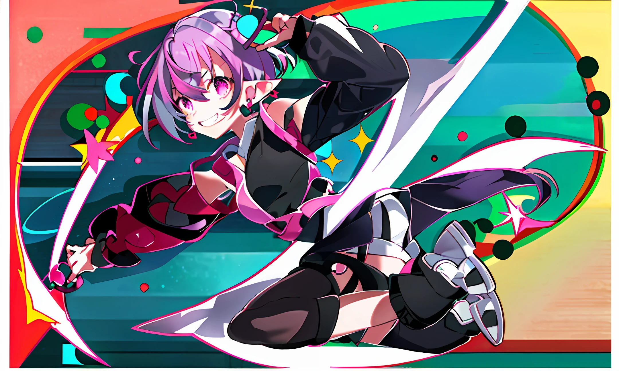 1girl, loli, solo,elf ears, heart shaped earrings, heart shaped pupils, short hair, purple hair, a pink streak on the bangs, a gap between the teeth, Long black t shirt, long sleeves,
shorts with chain, full body
