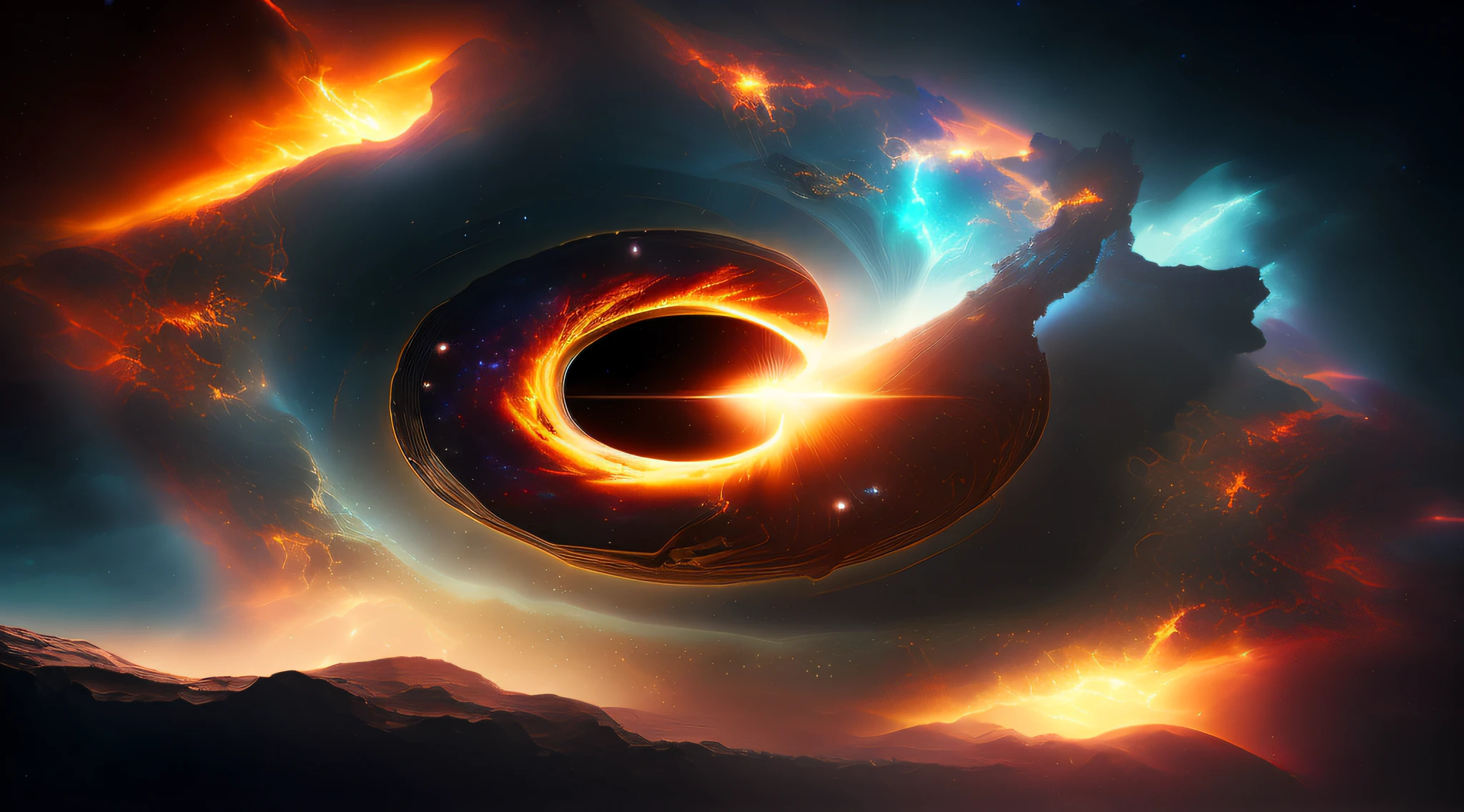 photo of (BlackHole:1), ((masterpiece))), 8k wallpaper of ultra-detailed CG unit of best quality, the solar system through a black hole