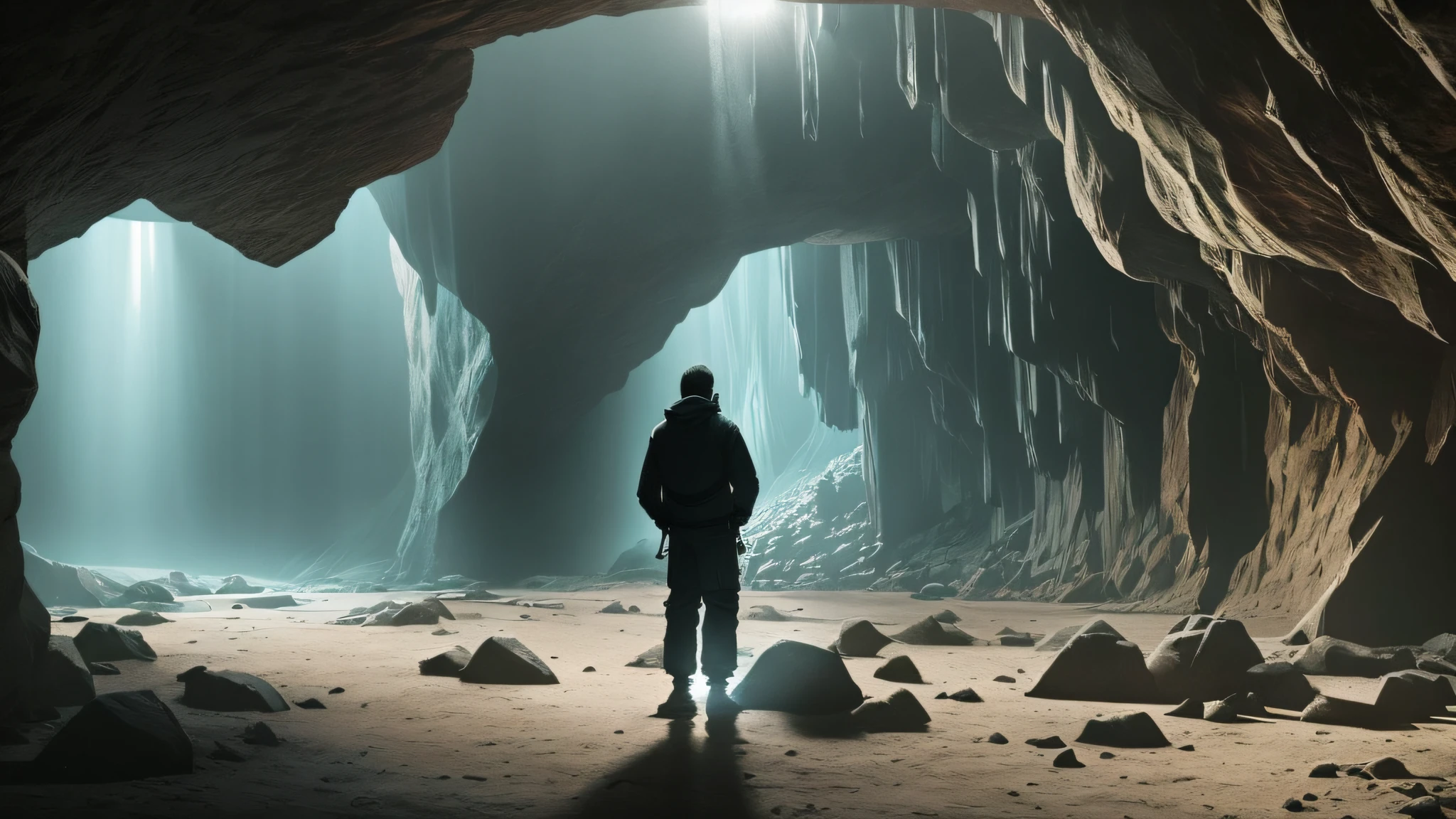 Generate an image depicting a group of people trapped inside a dark cave. The cave should be depicted as a dimly lit, claustrophobic space with damp walls and minimal light sources. The people should be shown huddled together, conveying a sense of confinement and despair. Shadows and dim lighting should add to the overall atmosphere of darkness and isolation. The composition should emphasize the contrast between the confined space of the cave and the vastness of the outside world. The image should evoke a feeling of longing for freedom and the desire to escape the confines of the cave. Use muted colors and somber tones to capture the somber mood of the scene. --auto --s2