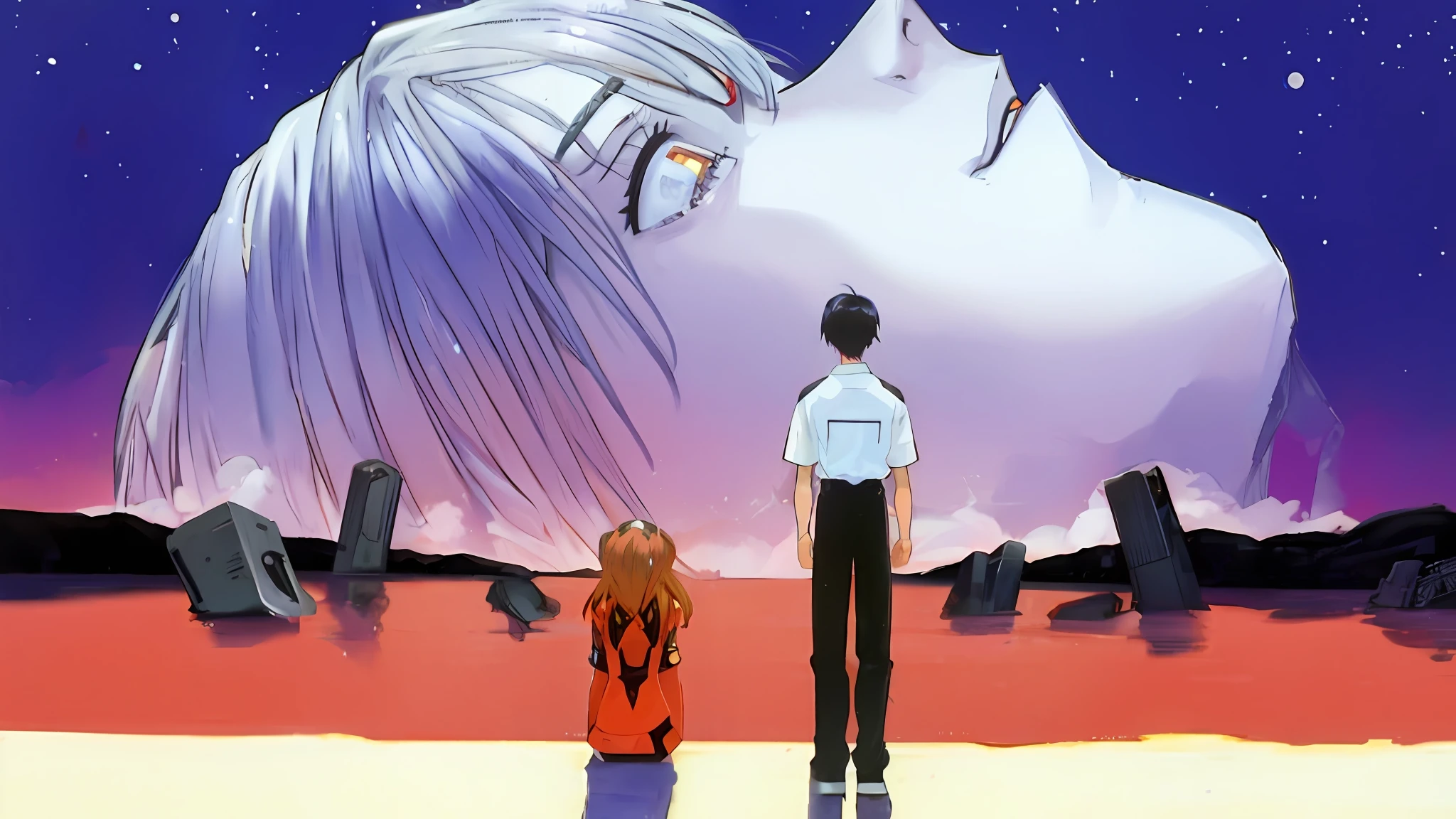 anime scene of a man and a woman looking at a giant moon, the end of evangelion, end of evangelion, neon genesis evangelion, from evangelion, evangelion, ( evangelion ), evangelion anime, gainax, end of evangelion poster, movie still of robot evangelion, evangelion anime poster, neon genesis evangelion style