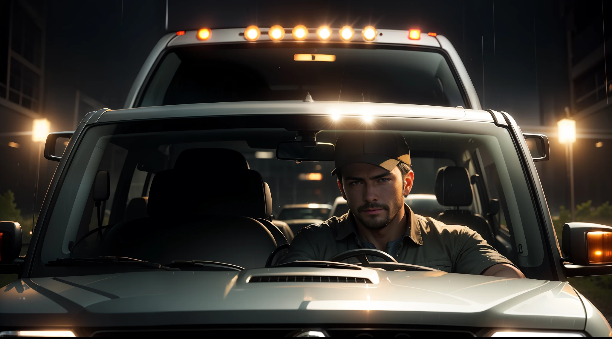 A driver driving his pickup truck on a rainy night, illuminated only by the front headlights.