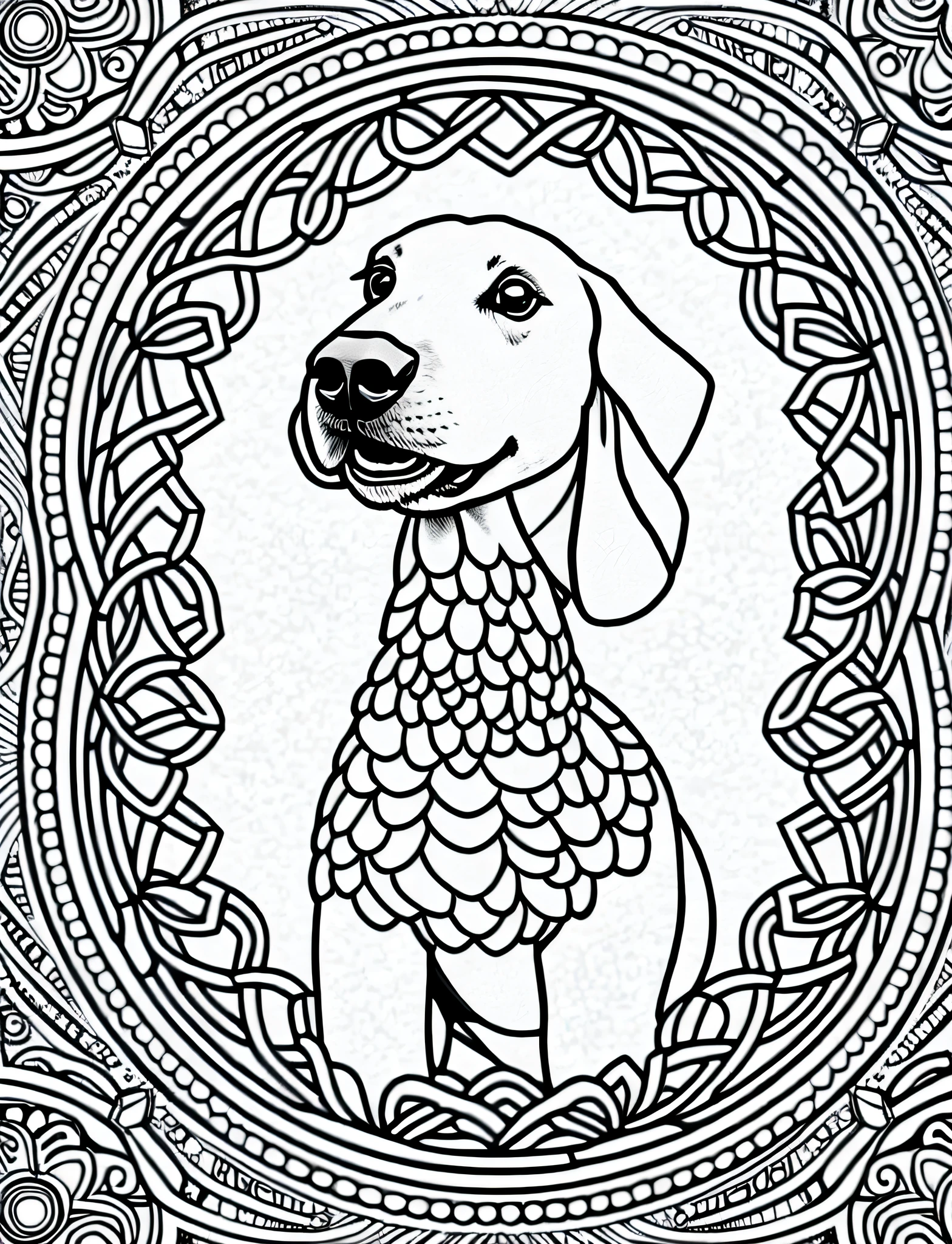 a Bedlington Terrier style dog, fantasy, magical, mandala, happy, black and white, equal wavy lines, realistic line art drawing, coloring book page, no noise, sharp thick lines, contour art, centered image, isolated on a white background