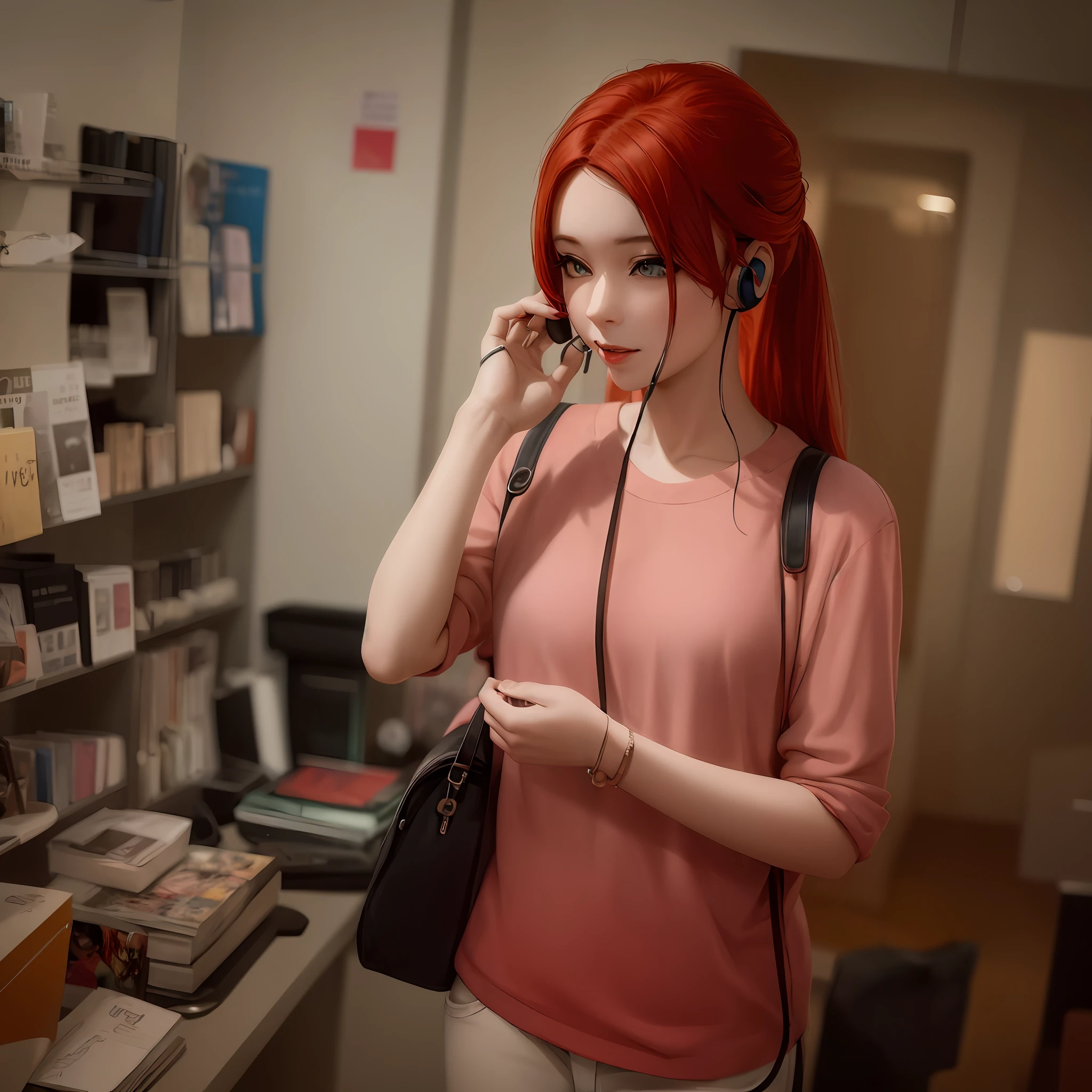 woman with red hair talking on a cell phone in a library, with headphones, with head phones, anime girl in real life, wearing a gaming headset, wearing gaming headset, belle delphine, taken with canon eos 5 d mark iv, taken with sony a7r camera, taken with canon 5d mk4, captured on canon eos r 6, in a cyberpunk setting