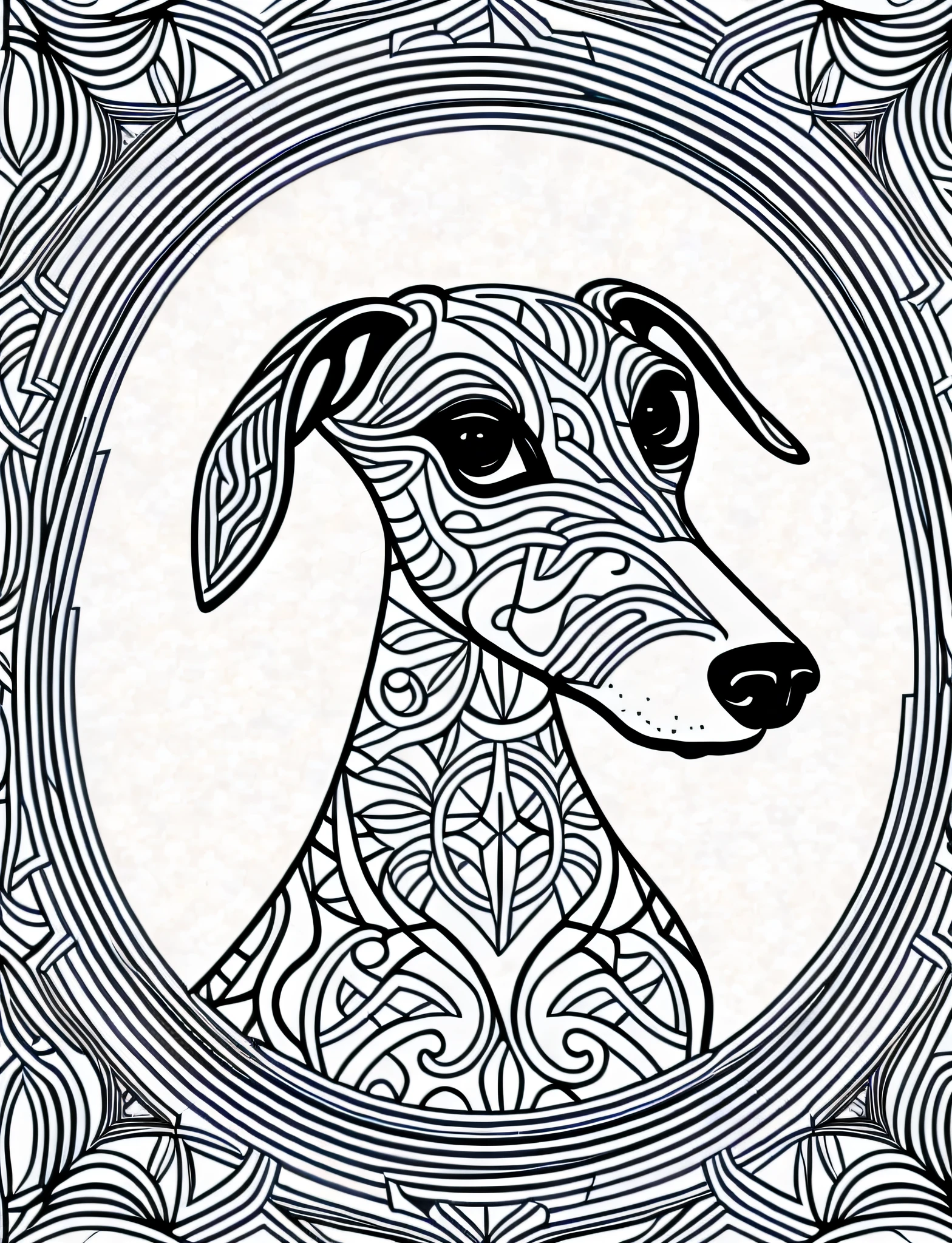 an Italian Greyhound style dog, fantasy, magical, mandala, happy, black and white, equal wavy lines, realistic line art drawing, coloring book page, no noise, sharp thick lines, contour art, centered image, isolated on a white background