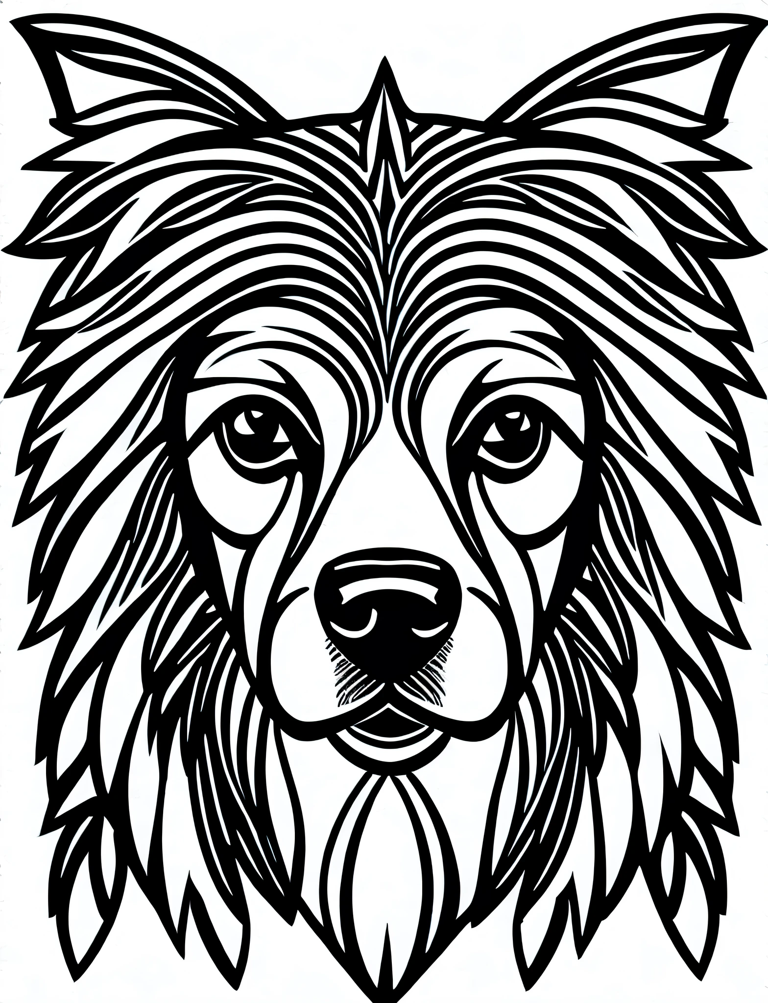 a Belgian Griffon style dog, costume, magical, mandala, happy, black and white, equal wavy lines, realistic line art drawing, coloring book page, no noise, sharp thick lines, contour art, centered image, isolated on a white background