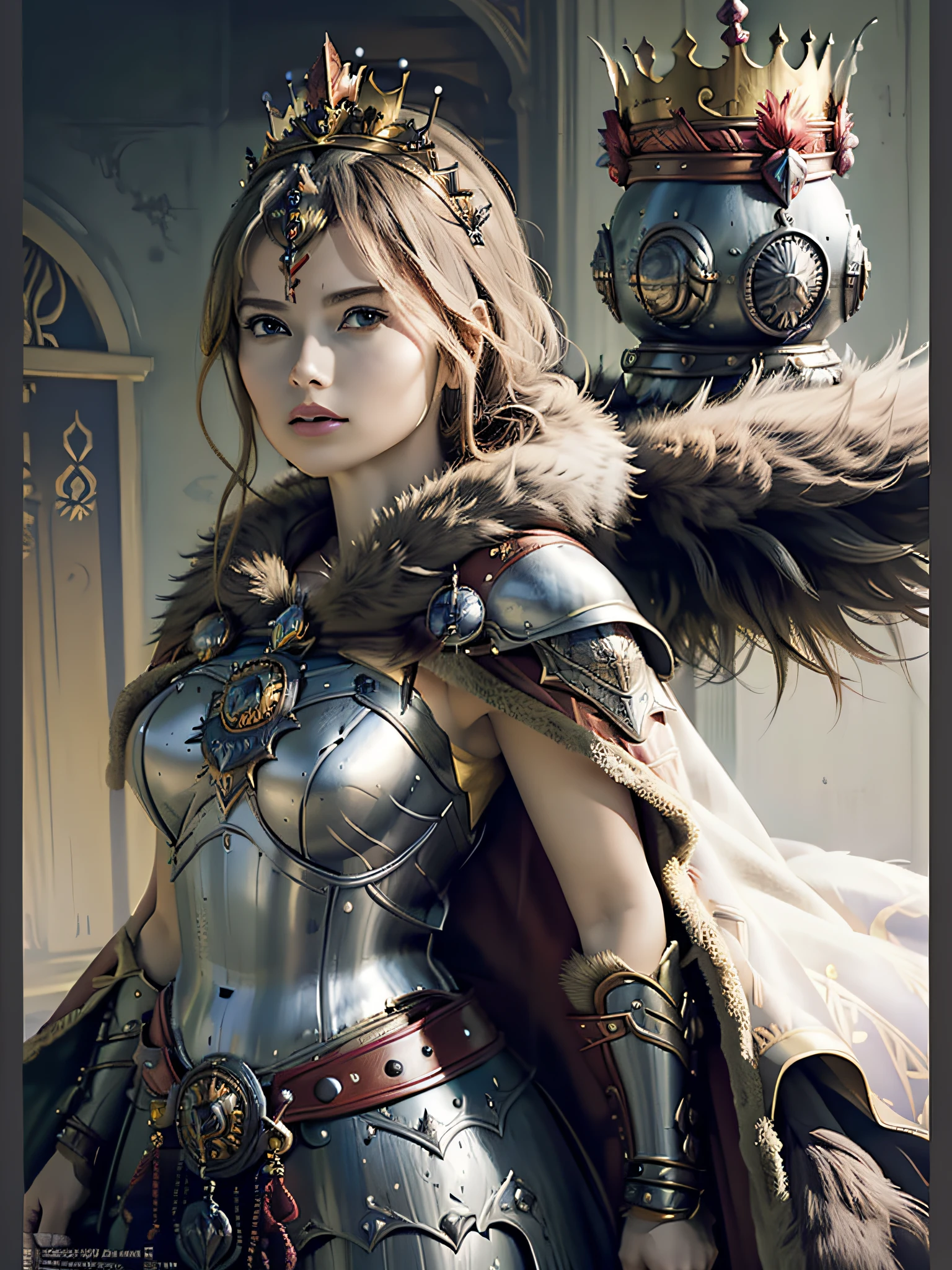 (masterpiece, top quality, best quality, official art, beautiful and aesthetic:1.2), (1girl), (warrior queen armor, fur-lined cape, jeweled crown:1.2),serious