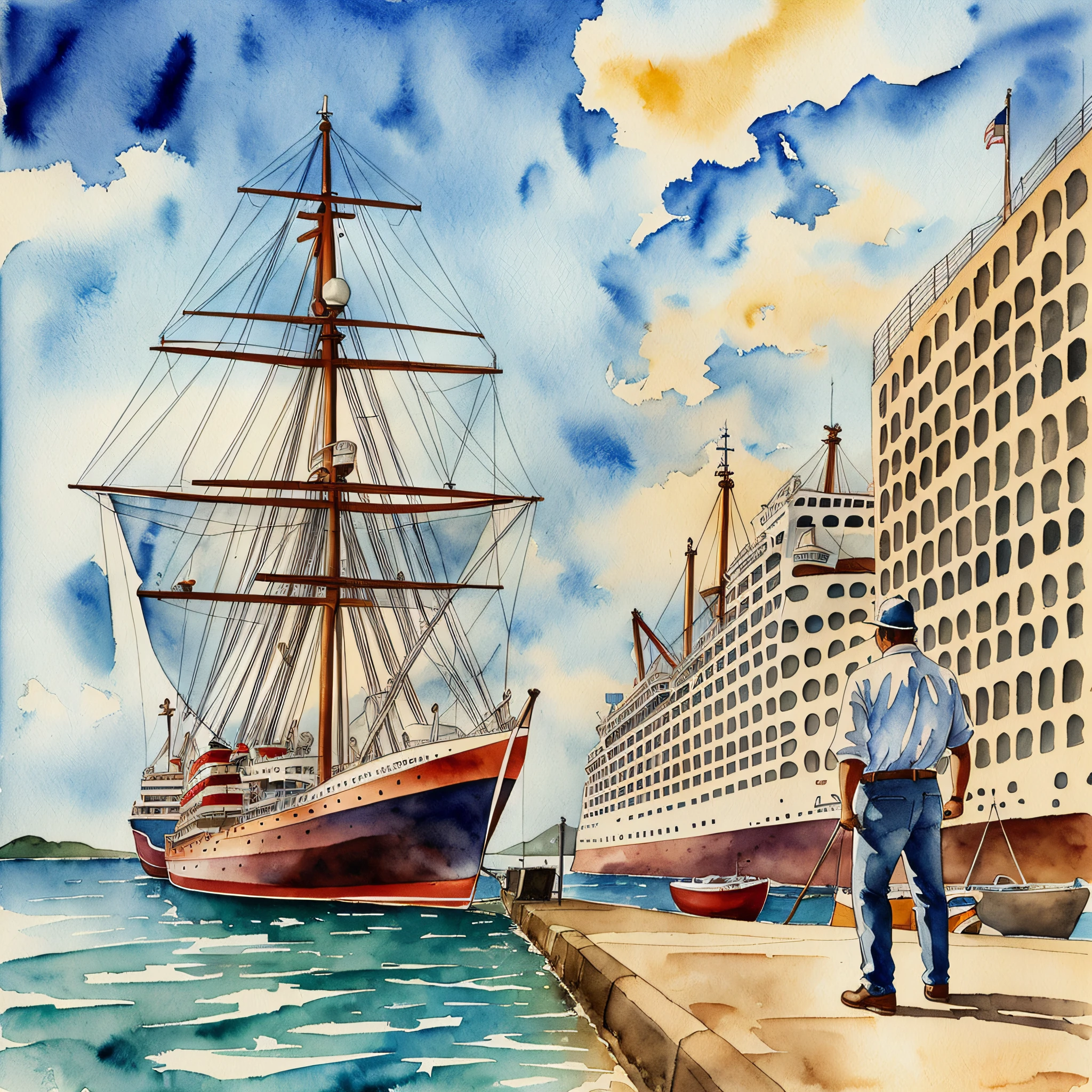 Latin man in a harbor, the man is on his back looking at the ship, there is a large ship before him, he is moored in a harbor, highlight the landscape, watercolor style --auto --s2