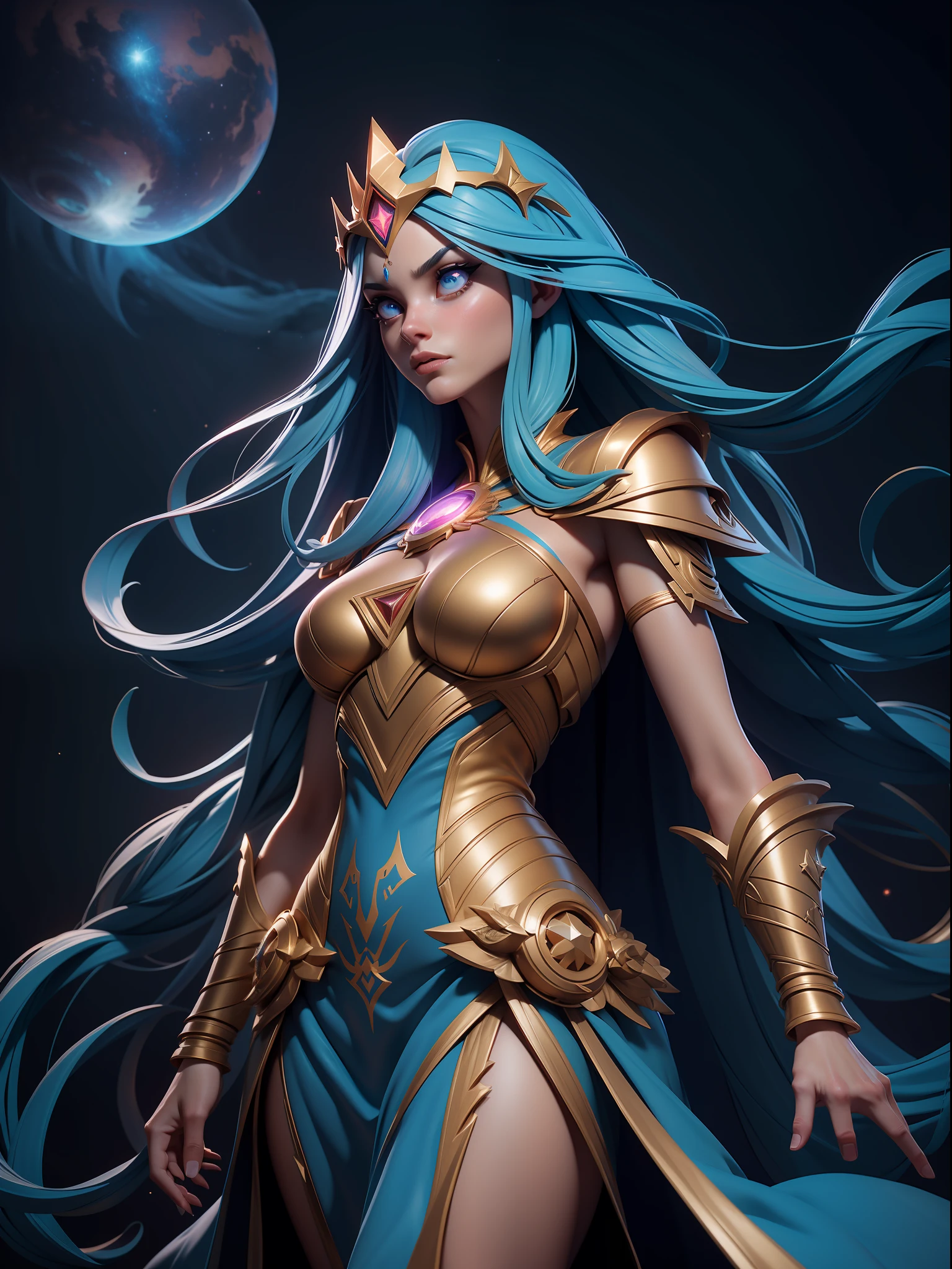 Egyptian mythology, chickpea goddess, long blue hair, shining hair, stars in hair, gold bracelets on her arms, tiara crown, ((long red dress)), tight dress, perfect figure, beautiful woman, cosmic pattern on dress, outer space, stars and planets, cosmic nebulae, Hyperdetailed, ArtStation, CGsociety, 8K, Surrealist, Zbrush, Unreal Engine 5, Bright colors, Greg Rutkowski, Darksynth, Weta Digital, Focus, Octane rendering,  Super Sharp, Cinematic Light, High Quality, High Resolution, Style Smooth Color Manga Hayao, Photorealistic, High Detail, 8K, Trendy Artstation, Octane Rendering, Cinematic Lighting, 3D Rendering, Vray Caustics, Volumetric Lighting, Dark Atmosphere, Moody Colors, Sense of Awe, Concept Art, Unreal Engine 5 Rendering, Cinematic Center Shot, Hyper-Realistic, Ultra-Detailed;