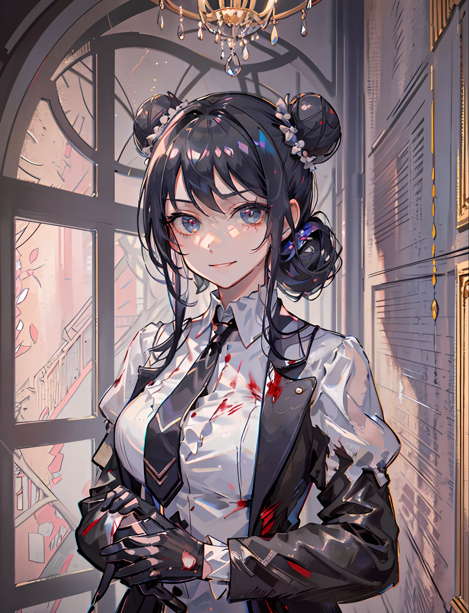 an extremely delicate and beautiful girl, 8k wallpaper,masterpiece,best quality,1girl,cowboy shot,suit,tie,hair bun,gloves,blood,bloodstain,knife,wound,sadistic expression,mansion,hallway,chandelier,candle,Crazy smile,Evil smile,black gloves,silver hair, (black hair)