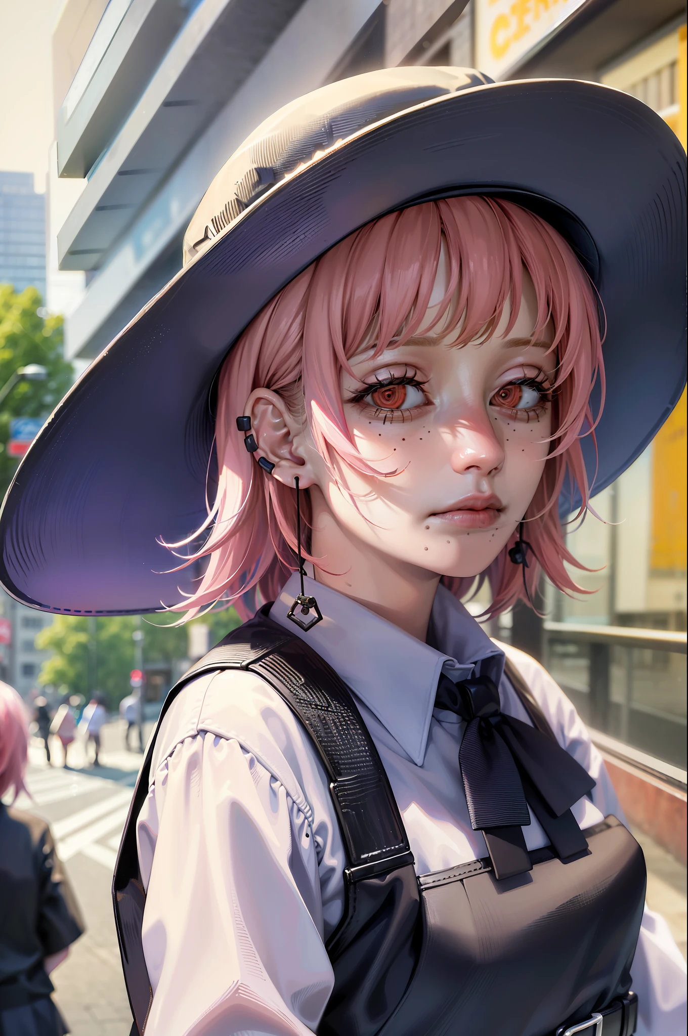 (masterpiece, best quality:1.2), cowboy shot, solo, 1girl, fami \(chainsaw man\), expressionless, closed mouth, looking at viewer, pink hair, black hat, red eyes, school uniform, pinafore dress, white shirt, neck ribbon, jewelry, earrings  , walking in the street , city background ,evil laugh