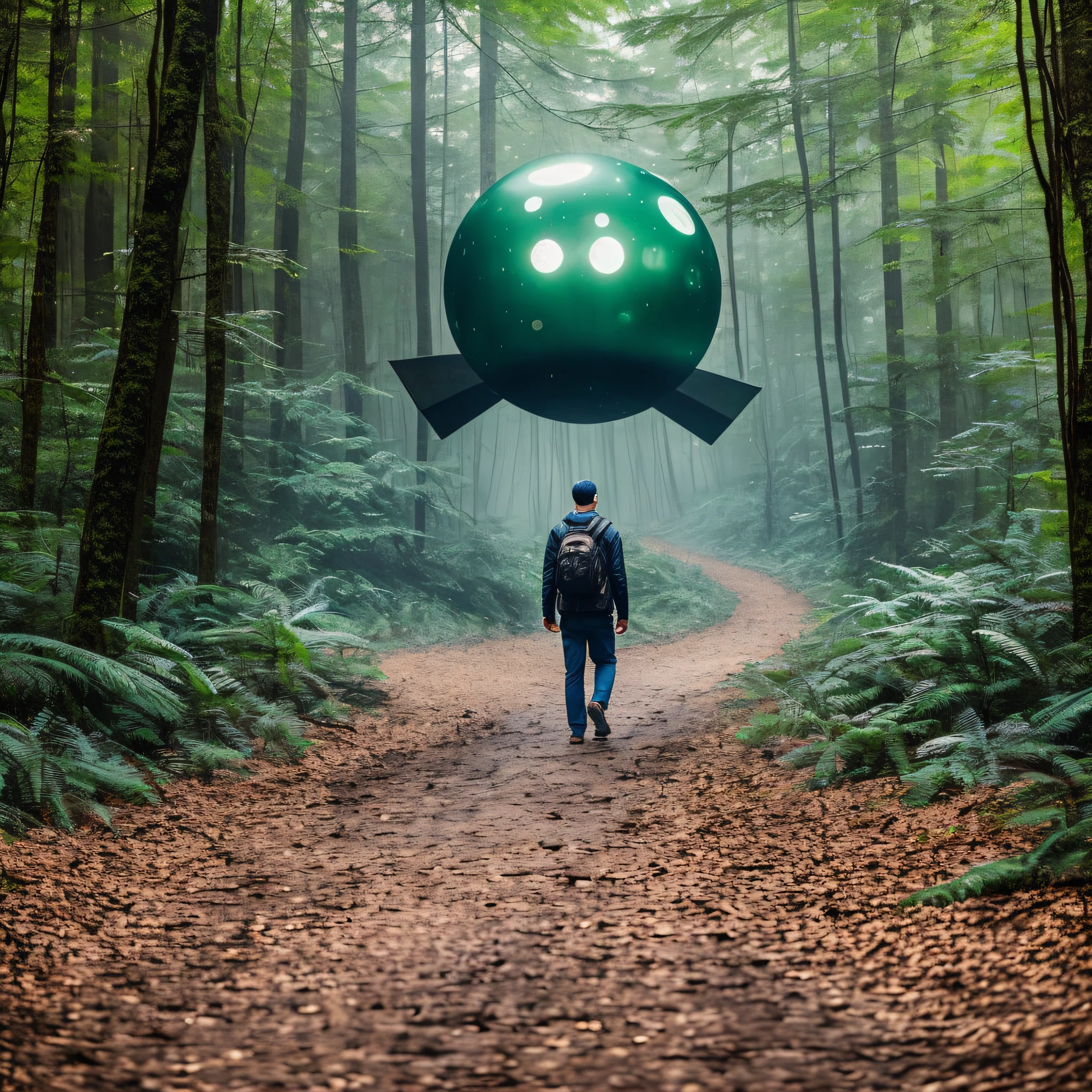There is a man facing an unidentified flying object, in the middle of a forest, fiction, art imitating photo, does not look like painting, highly realistic, wet ground, air of mystery, terror --auto --s2