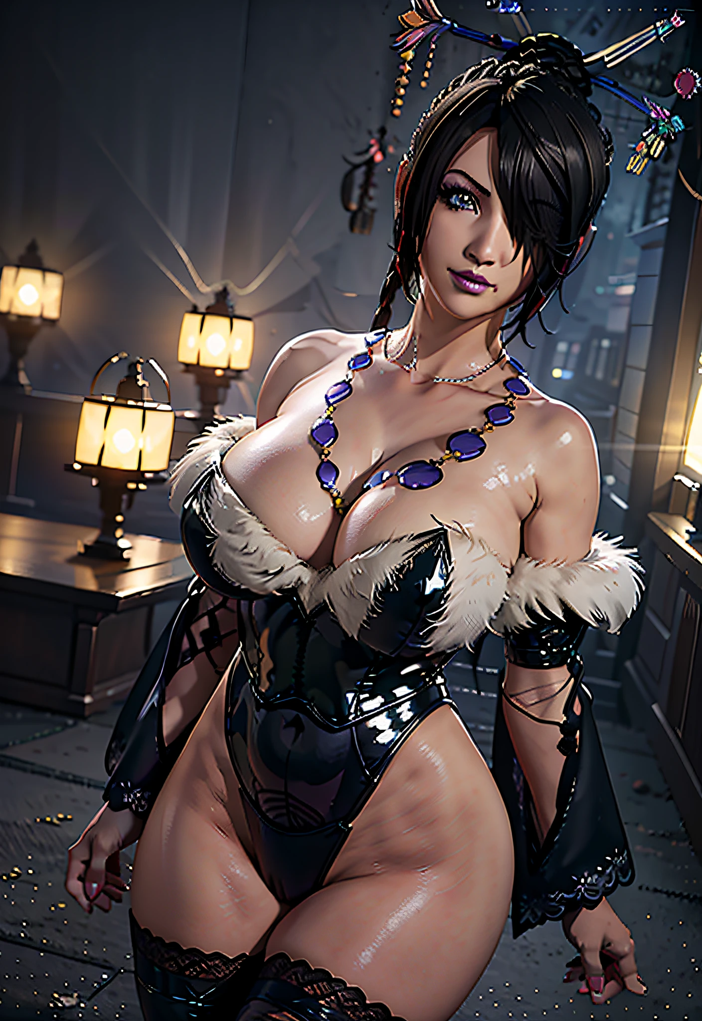 remastered best-quality definitive masterpiece realism exact photo of mature MILF Lulu (Final Fantasy X), half body, portrait, night city, casino, 1 sexy mature woman, strapless playboy leotard with garter strap, fake bunny ears on a headband, realistic anime-anime, true 3D, Japan, pixar, realistic, busty girl, smiling, beautiful, colourful, neon lights, holding a stuffed moogle doll, smooth skin, illustration, artstation, art by stanley lau and artgerm, sideways glance, foreshortening, extremely detailed 8K, smooth, high resolution, ultra quality, highly-detailed eyes, highly detail mouth, highly detailed face, perfect eyes, both eyes are the same, true light, glare, slight Iridescent, Global illumination, real hair movement, real light, real shadow, real face, hd, 8k, 16k, realistic light, realistic shadow, bright Eyes, fluorescent eyes, latest graphics, unreal engine 5, Altas, 3D Graphics Resolution: 100%, Anti-aliasing, High Texture Filtering, high Shadow Quality, High Model LOD, Bloom Effect, High Character Texture Quality, Ambient Occlusion, Pre-compiled Shaders, true depth, infinite focus, HDR, Realtime, UHD upscaling, Ultra HD, 1440p Ultra, hyper-realism, absurdres, highly-focused character, Character as set subject and focal point, subsurface light-scattering, smooth lighting, there is a woman in a costume posing on the street, glamorous, seductive portrait, skintight dress, Lulu portrait, ultra realistic picture, high-complexity,