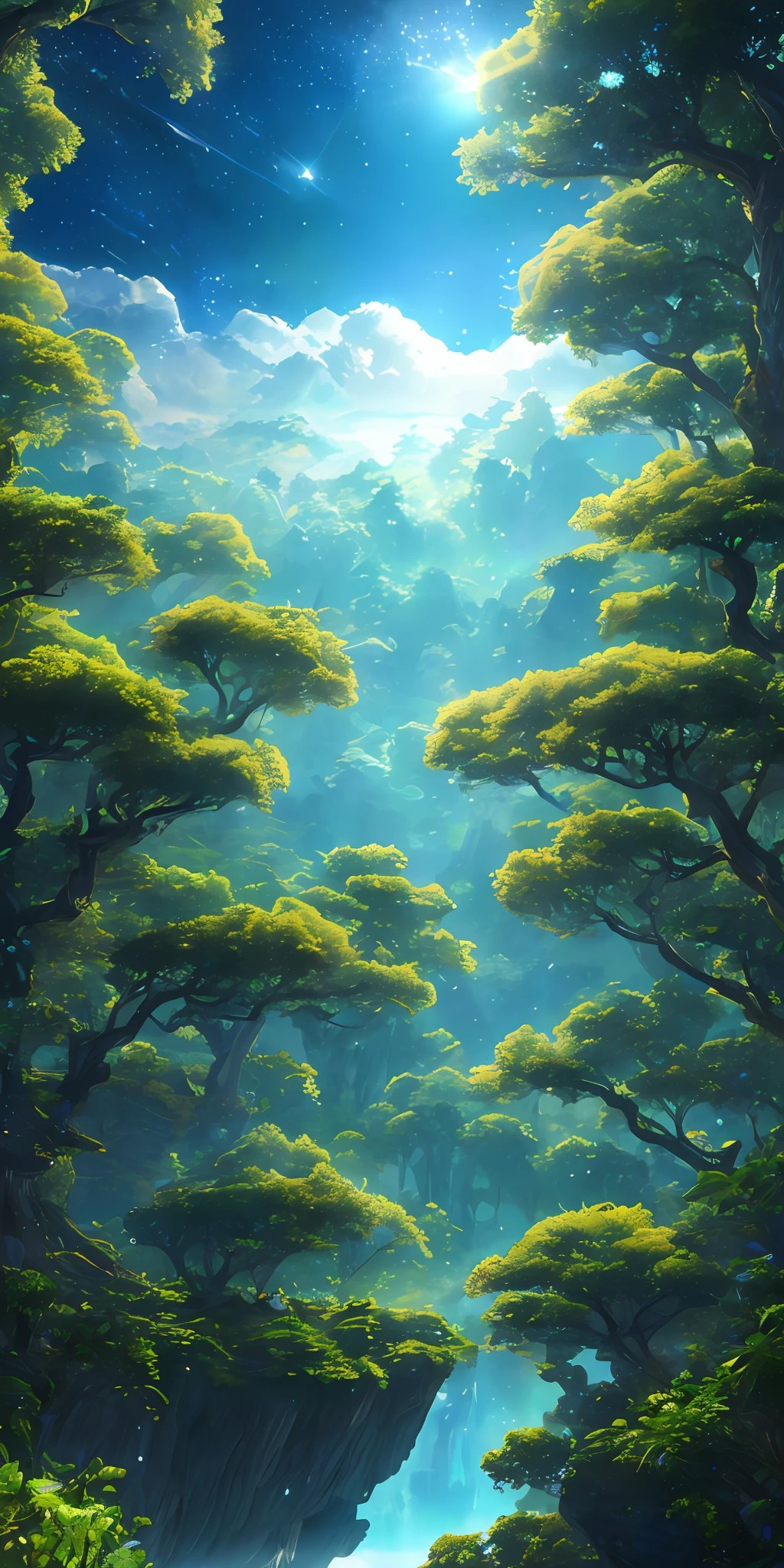 Illustration of a hyperrealistic , otherworldly, ultrasky scene featuring a giant crystal tree full body,very detailed and magical lighting, intricate forest details, vegetation and river around, solarpunk ,landscape, giant tree, beatifull leafy with beautiful lighting and realistic proportions, as if it were a cinematic background, 8k, highest quality, masterpiece, clouds and stars in the sky.