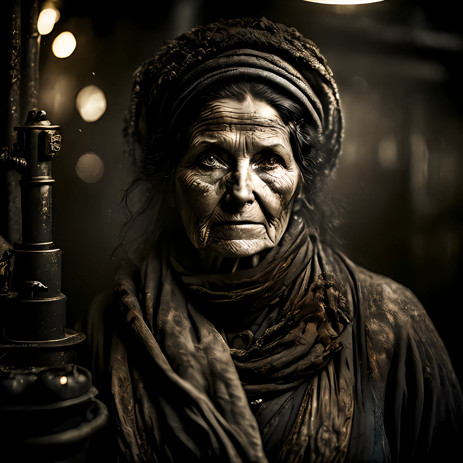 macro crisp quality, wet plate photograph close up of black factory femal worker in Victorian era boiler room, rough skin, sad eyes, sparkles, age 64, coal dust in the air, unreal engine, UE5, cinematic, very detailed, sony A7iii, 85mm prime, f/1.8, octane render + hyper realistic, Photograph