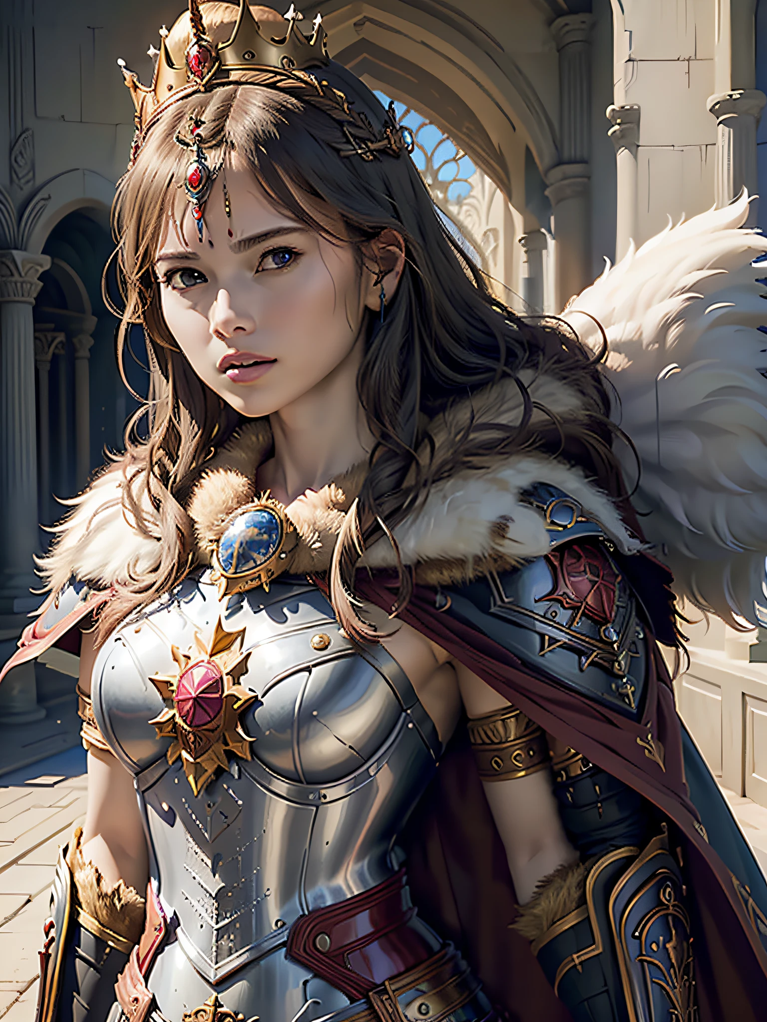 (masterpiece, top quality, best quality, official art, beautiful and aesthetic:1.2), (1girl), (warrior queen armor, fur-lined cape, jeweled crown:1.2),serious