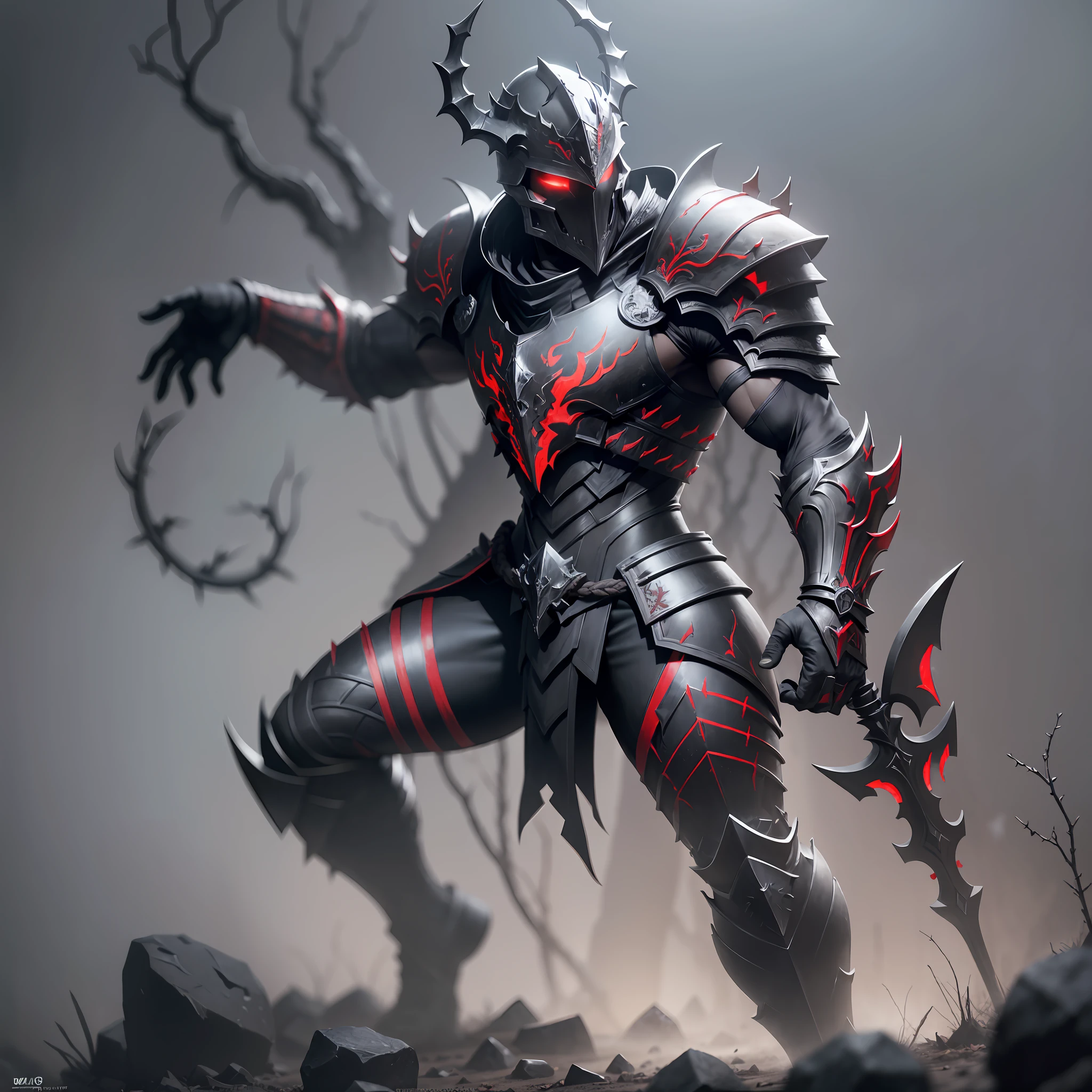 realistic photography, a dark warrior, armor with black thorns, red details, extremely white skin, helmet with skull details, slim body, defined muscles, full body, best quality, 8k, HDR. --auto --s2