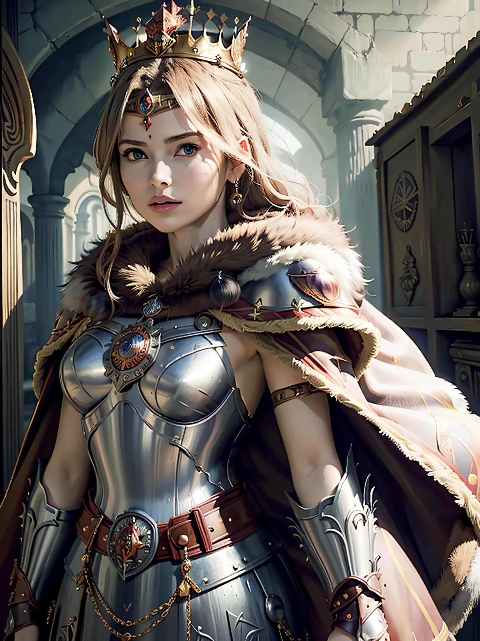 (masterpiece, top quality, best quality, official art, beautiful and aesthetic:1.2), (1girl), (warrior queen armor, fur-lined cape, jeweled crown:1.2),serious