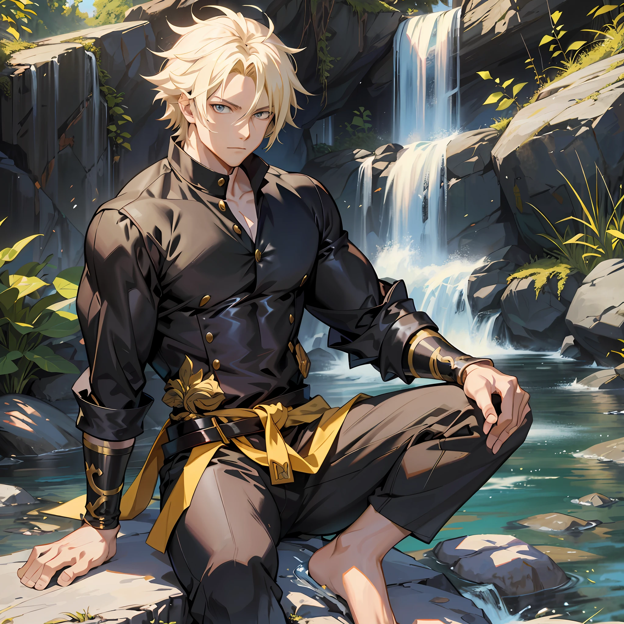 anime character sitting on a rock near a waterfall, handsome guy in demon slayer art, keqing from genshin impact, handsome anime pose, official art, highly detailed exquisite fanart, key anime art, thancred waters in style of wlop, zhongli from genshin impact, male anime character, beautiful androgynous prince, portrait of magical blond prince