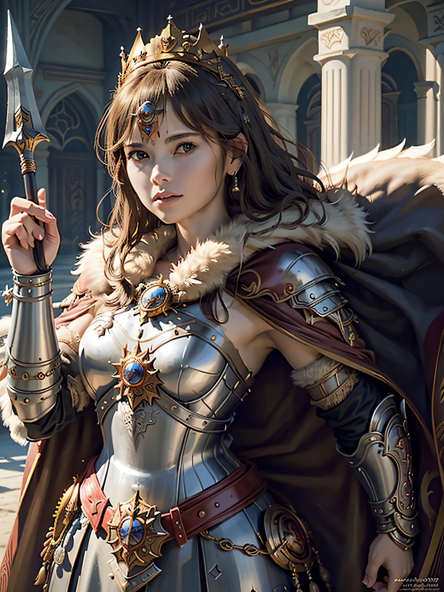 (masterpiece, top quality, best quality, official art, beautiful and aesthetic:1.2), (1girl), (warrior queen armor, fur-lined cape, jeweled crown:1.2),serious