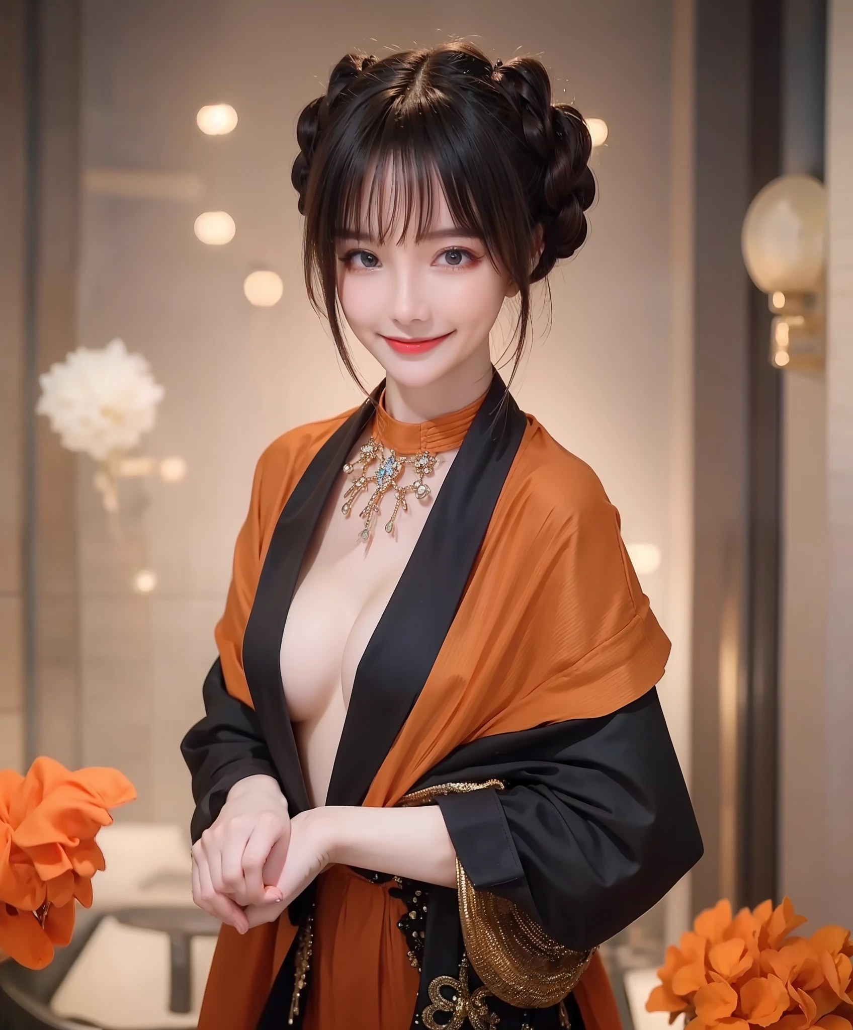 close-up, face of a beautiful woman, orange sparkling eyes iris, messy short hair, smiling happily