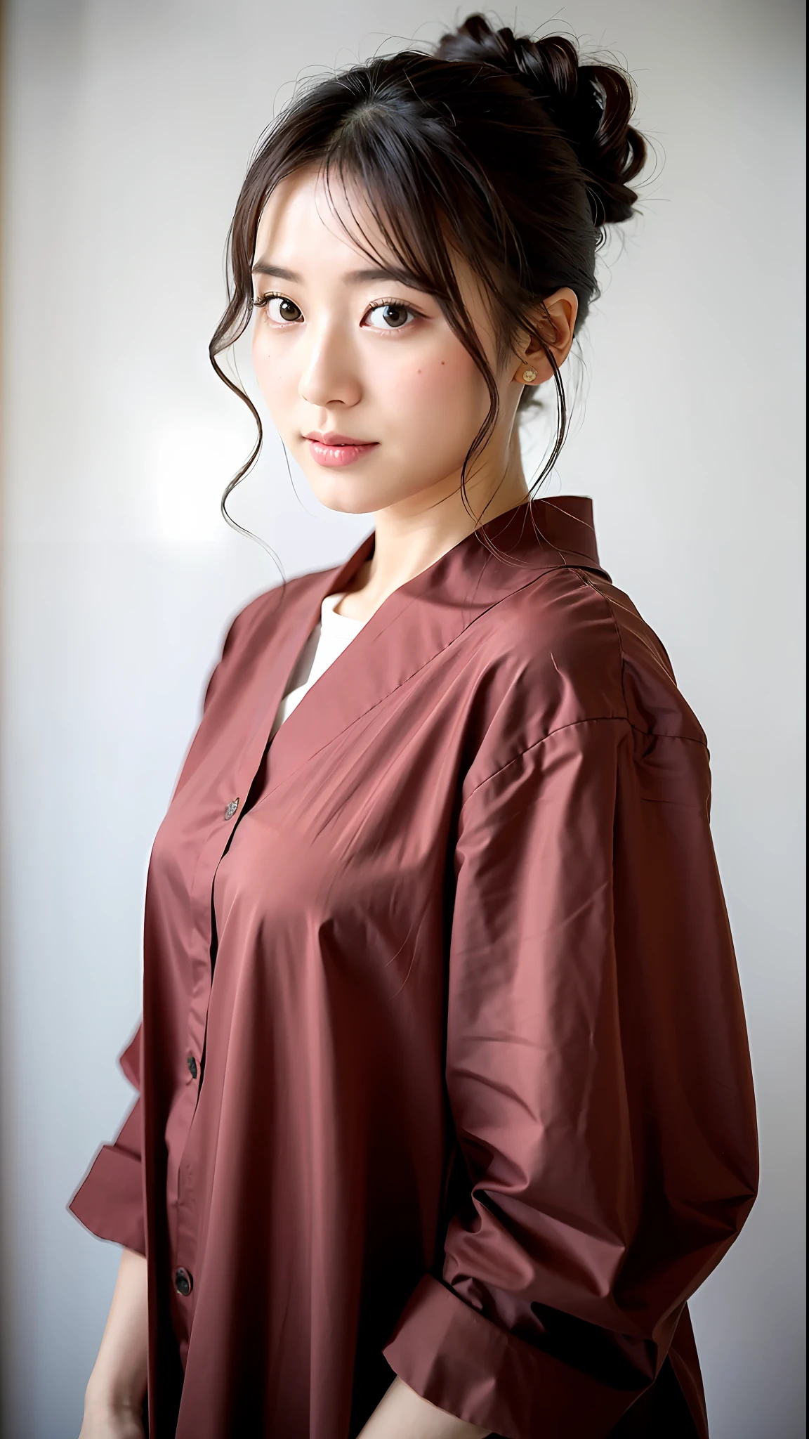 (Best Quality, 8k, 32k, Masterpiece, UHD: 1.2), Cute Japan Woman Pictures, Big, Beautiful Hair, Beautiful Light, Simple Background, Look Around, White Shirt, Updo Hairstyle