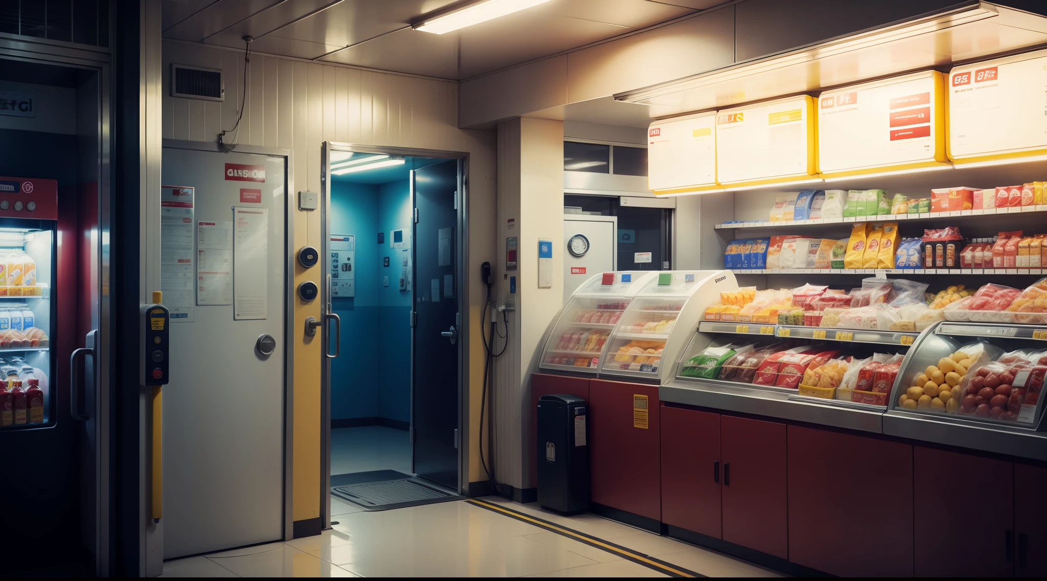 Inside a convenience of a gas station at night