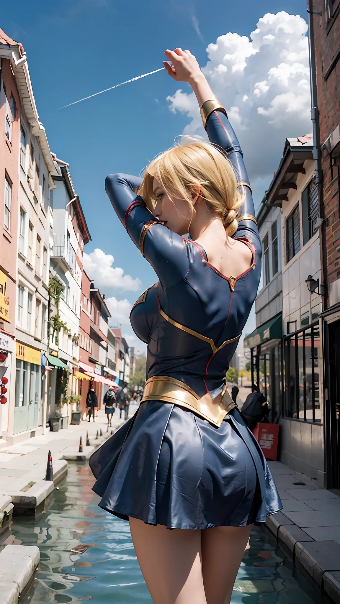 1 woman, Supergirl costume dress, medium breasts, blonde, from behind, arms up, sea, lots of buildings, arms stretched