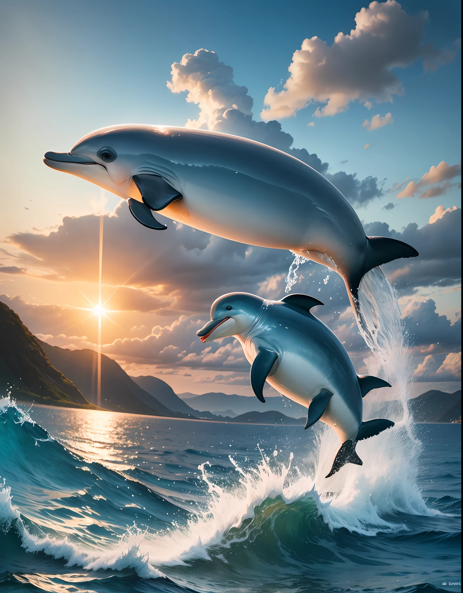 A dolphin jumping out of the water in the middle of the sea. Island in the background. Sunshine. --auto --s2