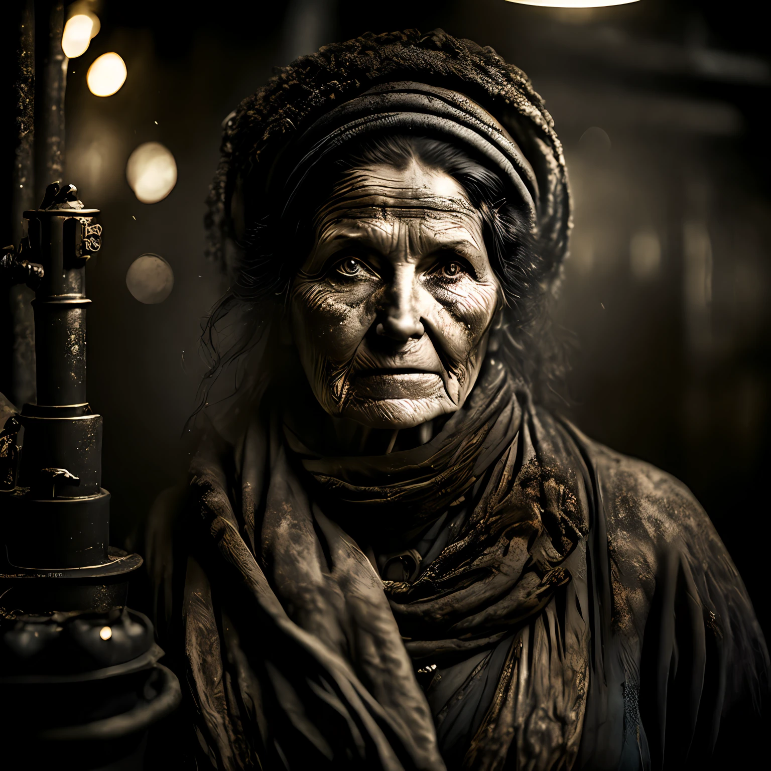 Crisp macro quality, wet plate closeup photograph of black femal factory worker in Victorian era boiler room, rough skin, sad eyes, sparkles, age 64, unreal engine, UE5, cinematic, very detailed, sony A7iii, 85mm prime, f/1.8, octane render + hyper realistic, Photography
