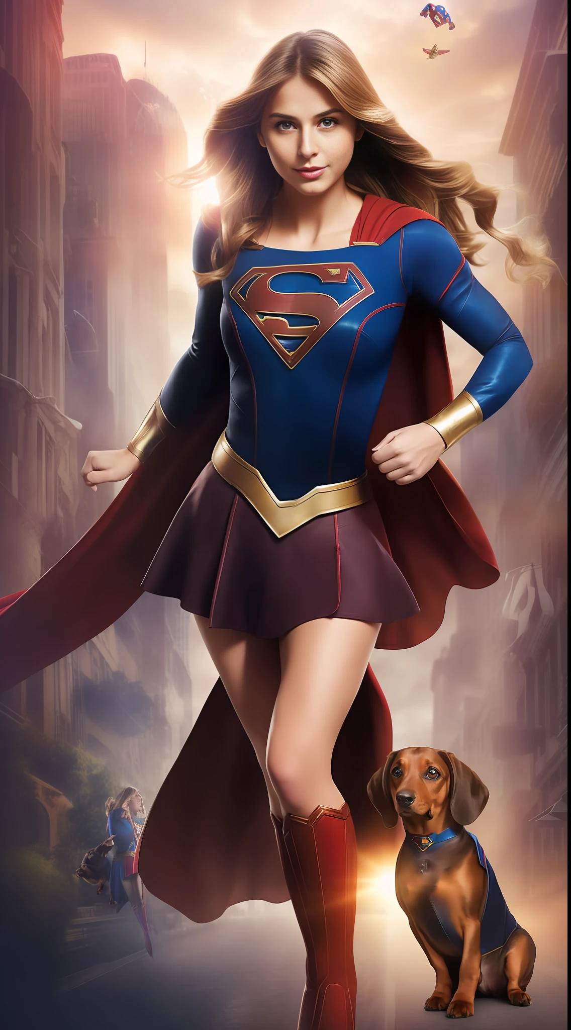 (Woman, dressed as a supergirl, dynamic poster, one person, holding her dog, perfect composition, perfect ???????, flying deep, distant and blurry city, holding a Brown Dachshund:1.3 + light brown dachshund, high contrast, dramatic lighting)