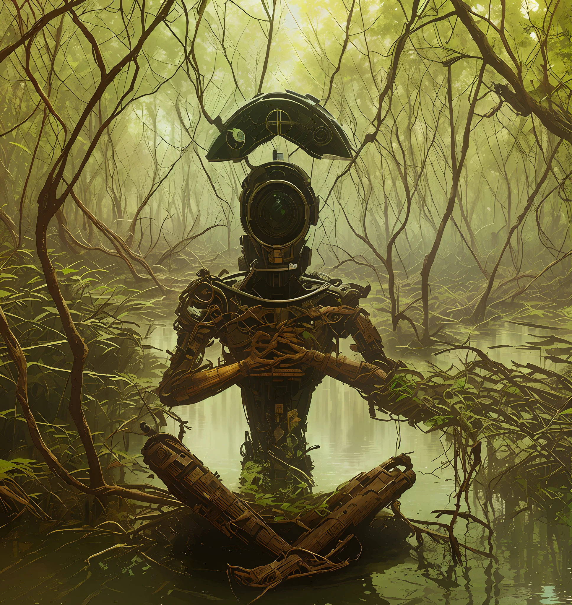 There's a rusty android sitting in the mangrove swamp, a cyborg meditating, cybernetic body, neosurrealism. digital art.