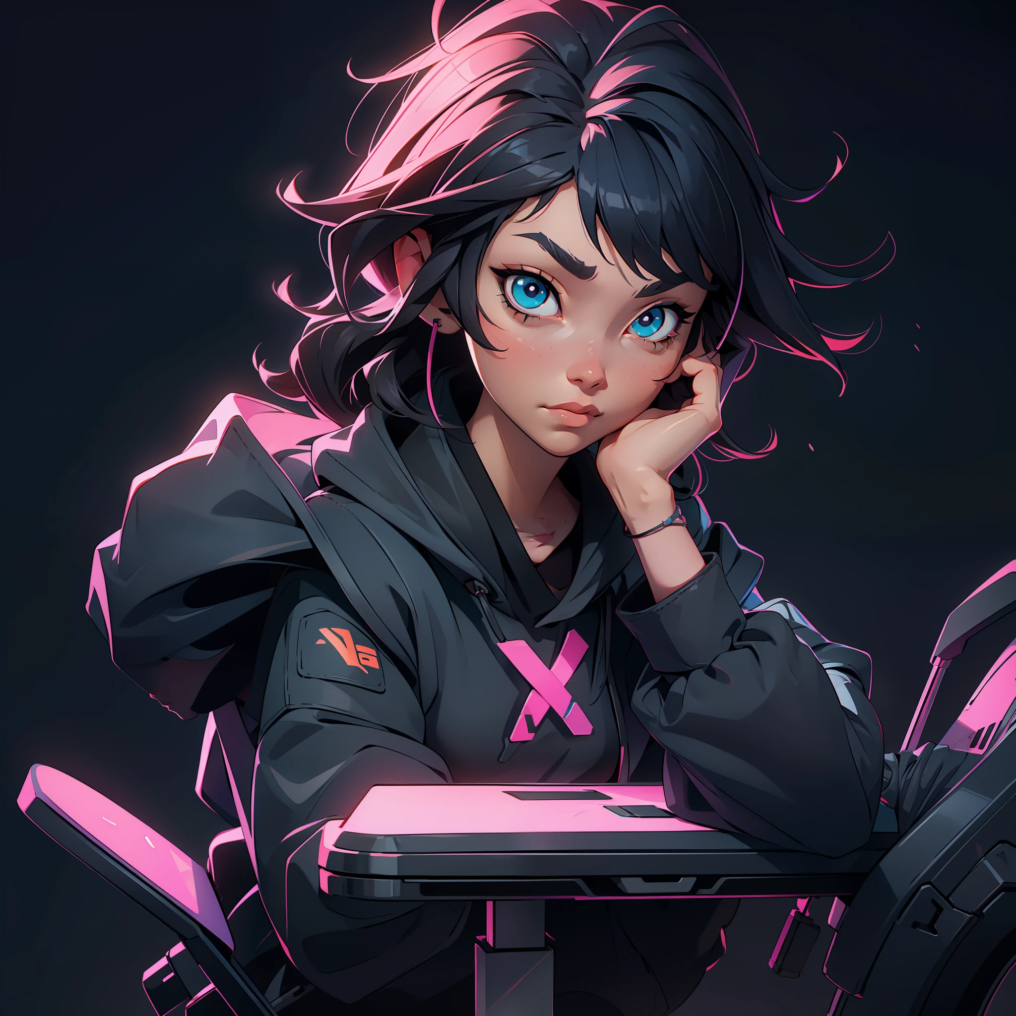 Create a girl with hair and eyes also black, chair gamer, gamer, configure, monitor, night time, good quality, perfect anatomy, 8k, masterpiece, by (Holaxes), short hair, messy hair, neon, headphones, perfect hands, perfect hand position, perfect anatomy