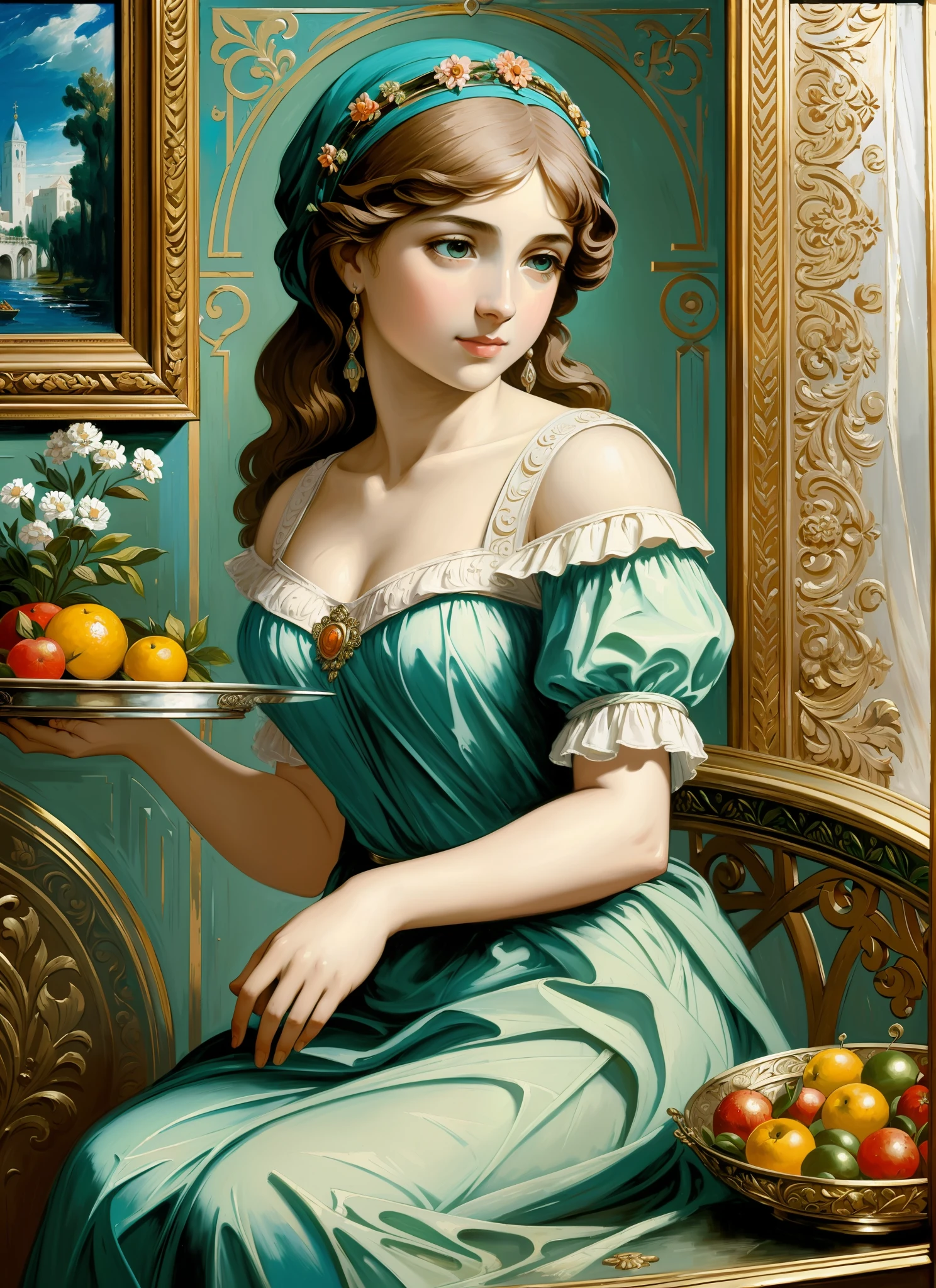 young Greek woman, intricate detailing, aged canvas, "girl with Gerberas" (in the style of Raphael, depicted in oil on canvas), depicts a beautiful woman holding a silver tray with colorful fruit, background in gloomy colors, dressed in a pale pink dress and wig, stunning, highly-detailed, 8k, ornate, intricate, cinematic, dehydrated, atmospheric, (oil painting: 0.75), (splash: 0.75), (turquoise: 0.2), (orange: 0.2), (Jeremy Mann:  0.5), (John Constable: 0.1), (El Greco: 0.5), (acrylic paint: 0.75), 8k