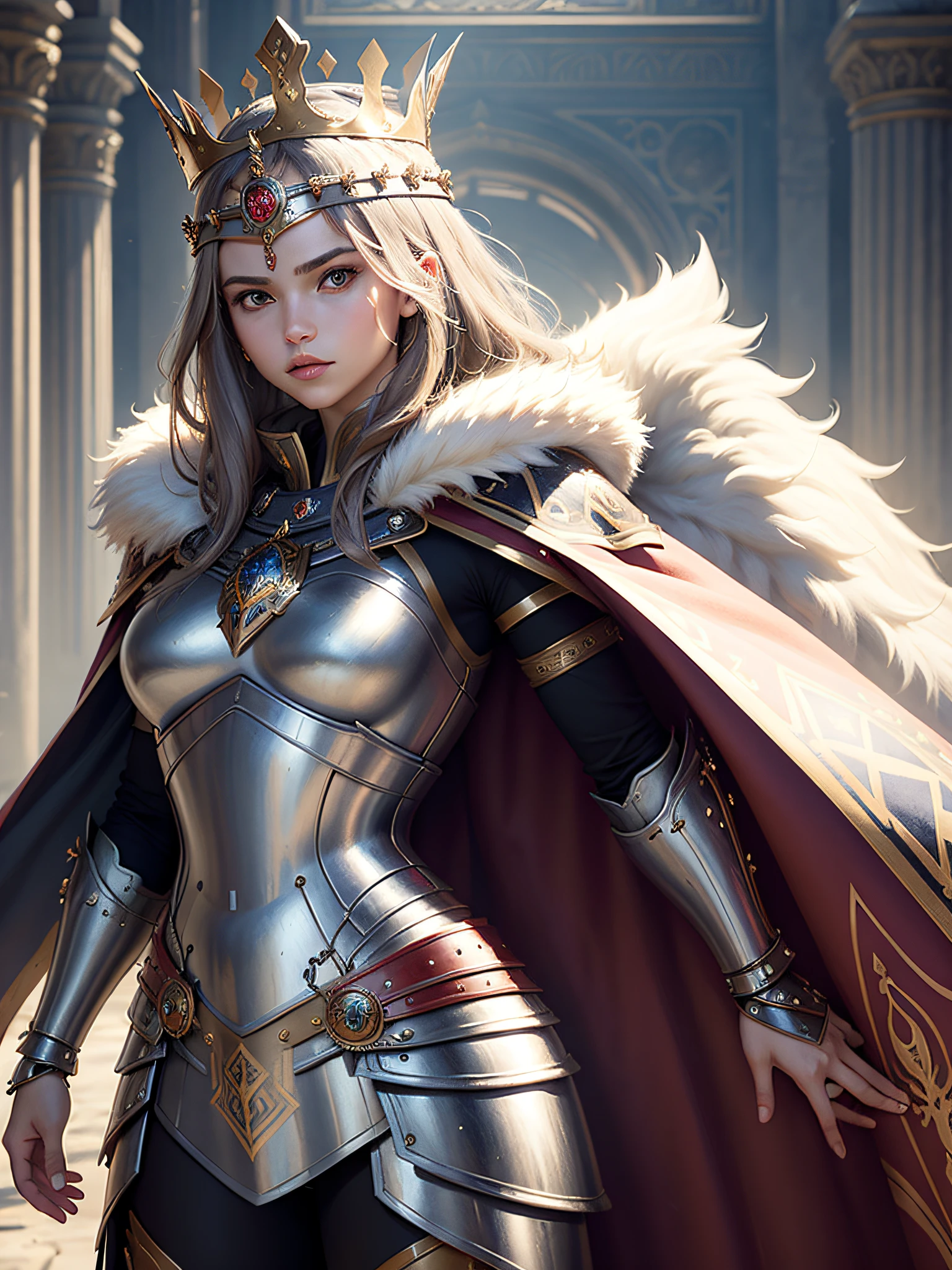 (masterpiece, top quality, best quality, official art, beautiful and aesthetic:1.2), (1girl), (warrior queen armor, fur-lined cape, jeweled crown:1.2),serious