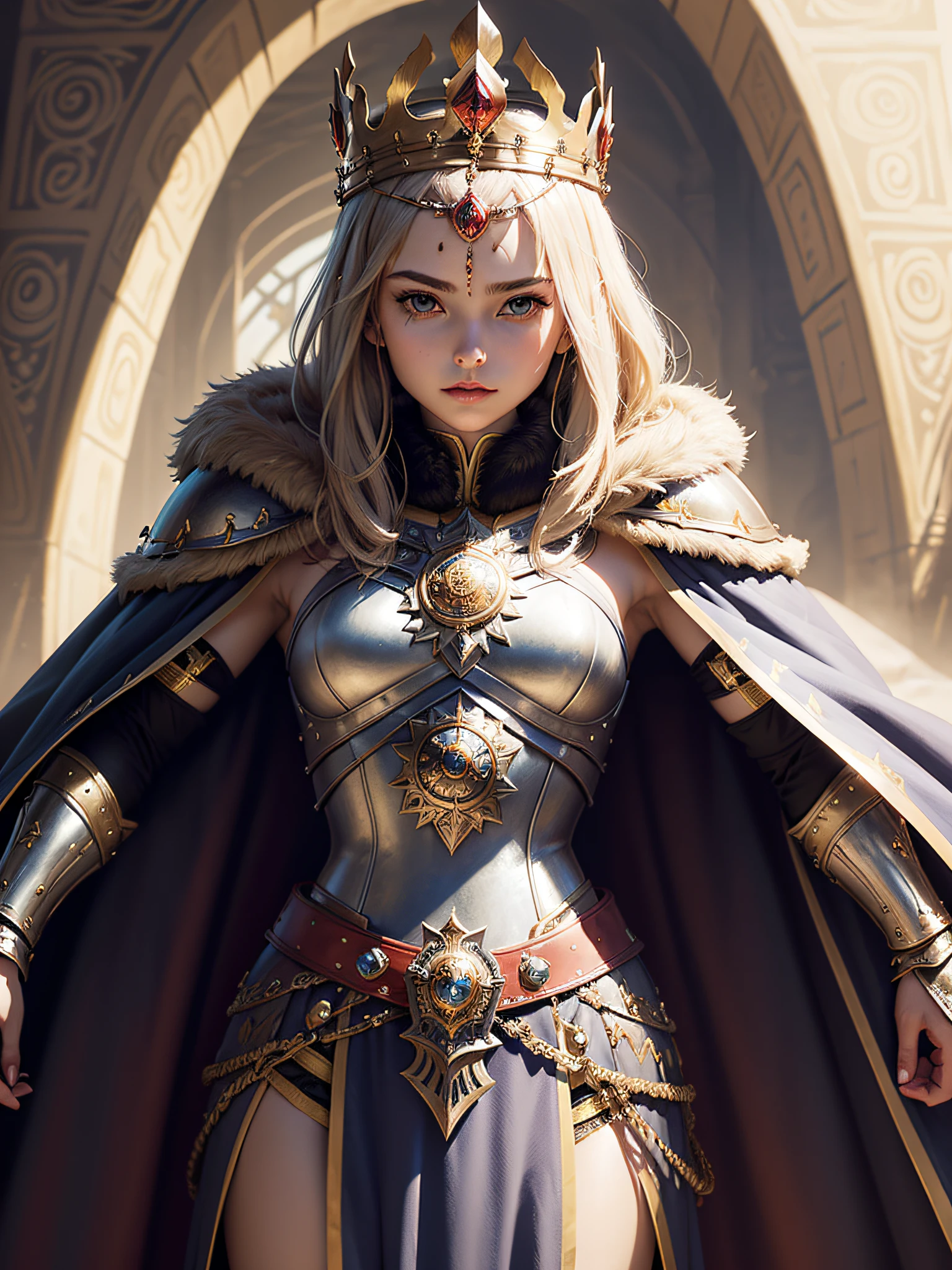 (masterpiece, top quality, best quality, official art, beautiful and aesthetic:1.2), (1girl), (warrior queen armor, fur-lined cape, jeweled crown:1.2),serious