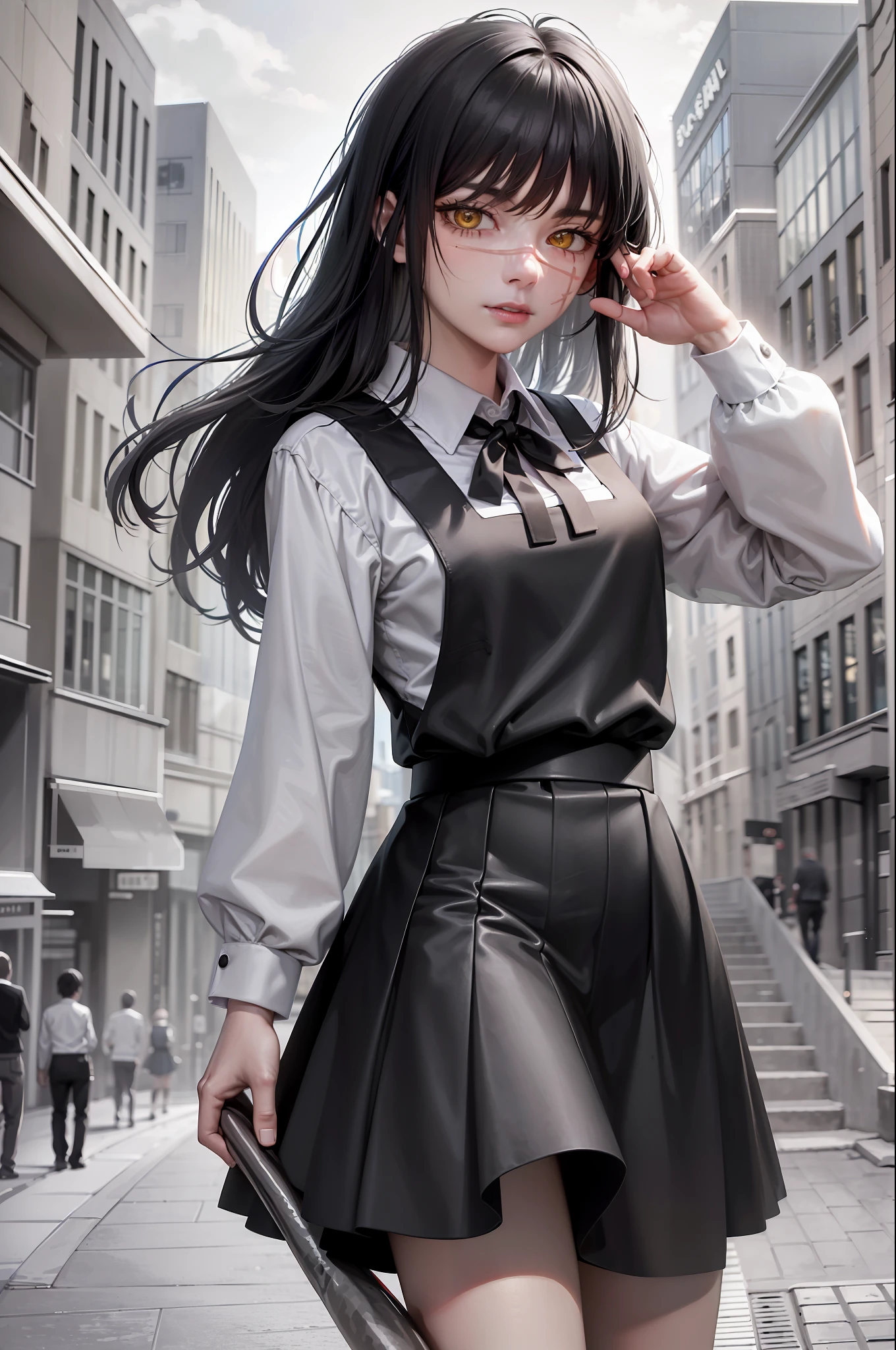 Black and white ,(masterpiece, best quality:1.2), cowboy shot, solo, 1girl, yoru \(chainsaw man\), expressionless, looking at viewer, yellow eyes, school uniform, pinafore dress, shirt, neck ribbon, long sleeves ,((Monochrome )), walking in the street , city background ,evil laugh