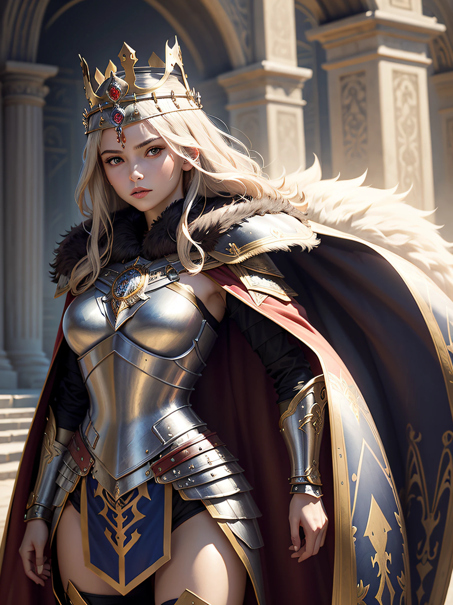 (masterpiece, top quality, best quality, official art, beautiful and aesthetic:1.2), (1girl), (warrior queen armor, fur-lined cape, jeweled crown:1.2),serious