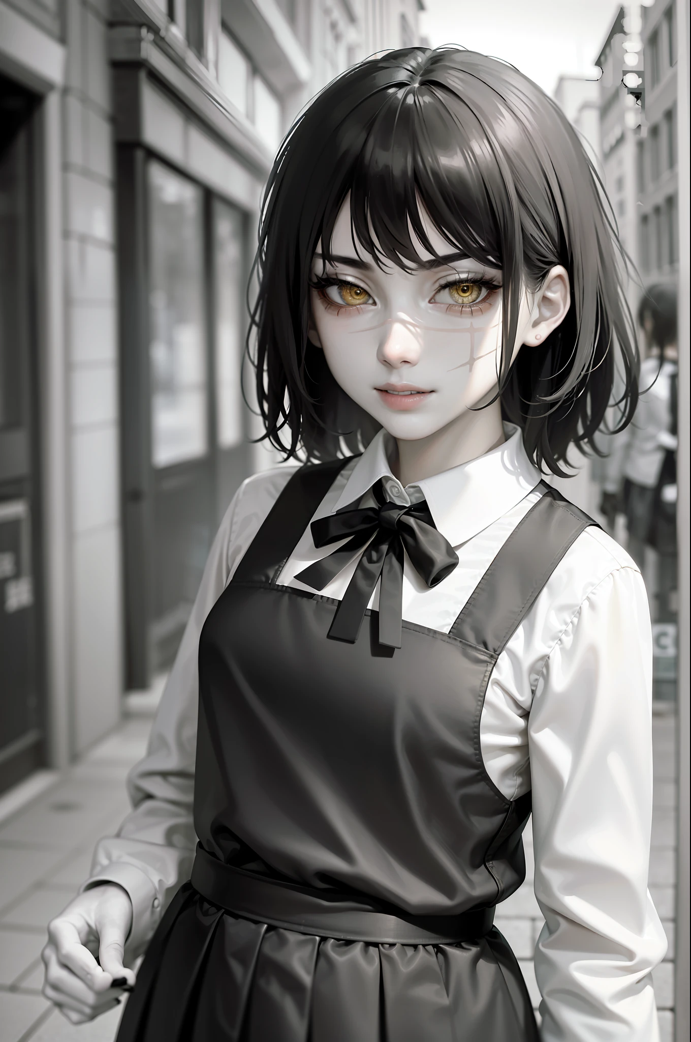 Black and white ,(masterpiece, best quality:1.2), cowboy shot, solo, 1girl, yoru \(chainsaw man\), expressionless, looking at viewer, yellow eyes, school uniform, pinafore dress, shirt, neck ribbon, long sleeves ,((Monochrome )), walking in the street , city background ,evil laugh