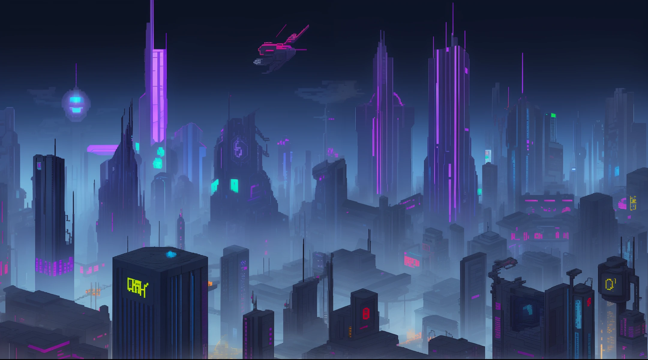 Pixel art-style cyberpunk city