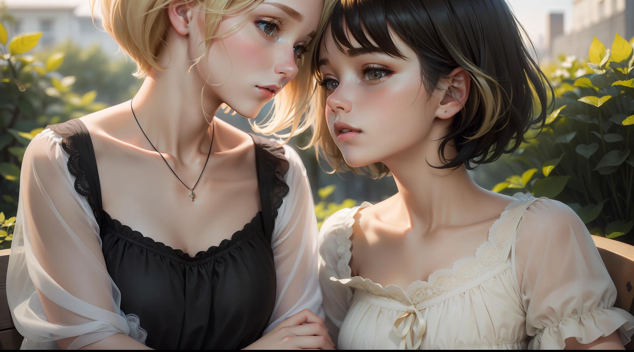 (a masterpiece), the best quality, ultra precise details, a thoughtful and delicate scene of the love between (1 girl with medium blonde hair:1.3) and (1 girl with short black hair:1.3), dressed as high school students, in a pleasant climate and with a soft lighting that highlights every detail of the beautiful couple.