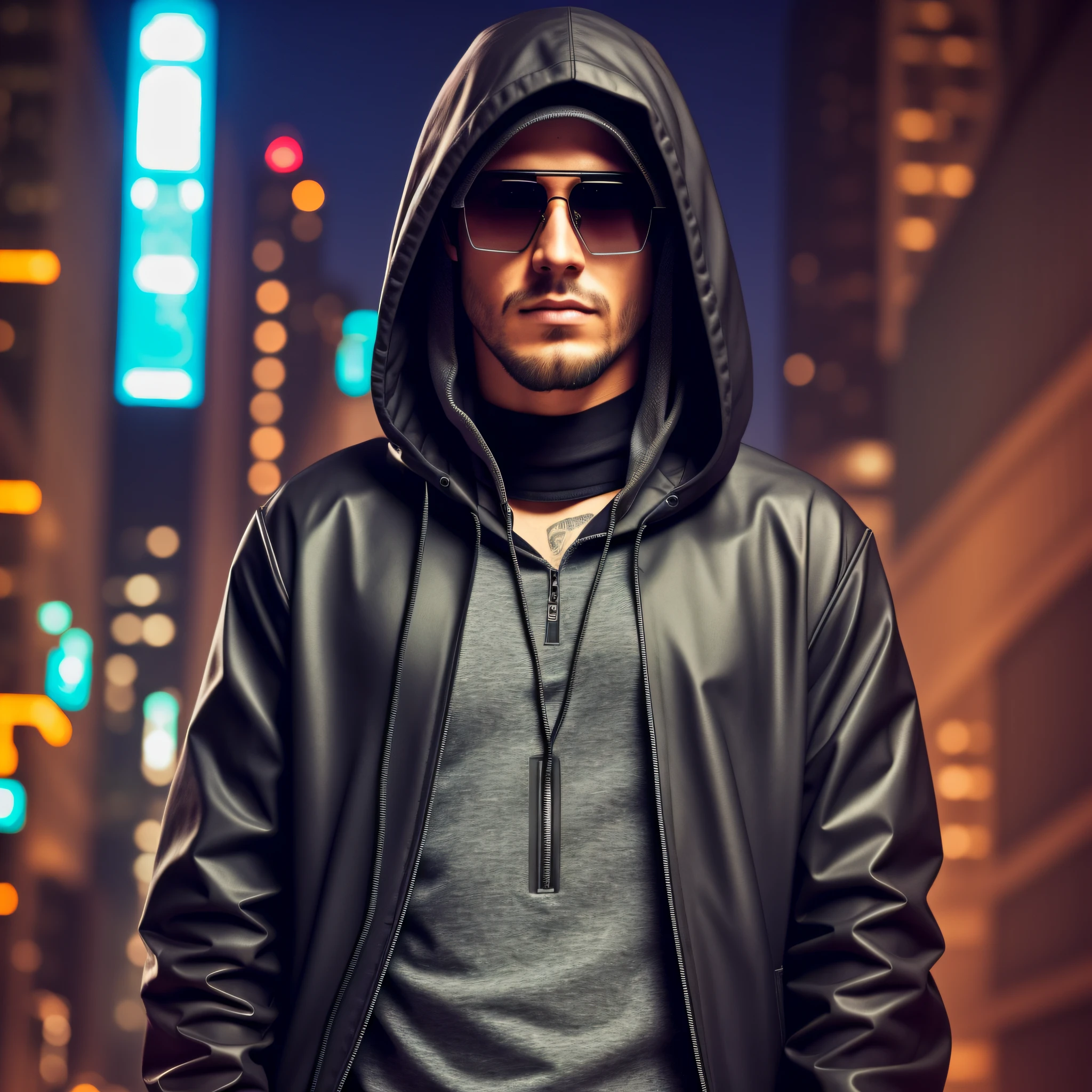 A male caracter, hooded, dark clothes, cyberpunk glasses --auto --s2