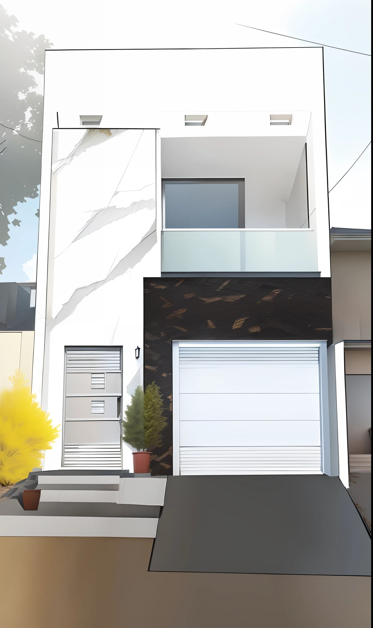 a rendering of a house with garage and staircase, front view, concept house, front view, elevation view, front image, exterior design, detailed rendering, front elevation view, front perspective, facing front, complete house, facing front!!!, perspective view, general architectural design, one house, front view, architectural concept, vision 3/4 realistic luxury finish
