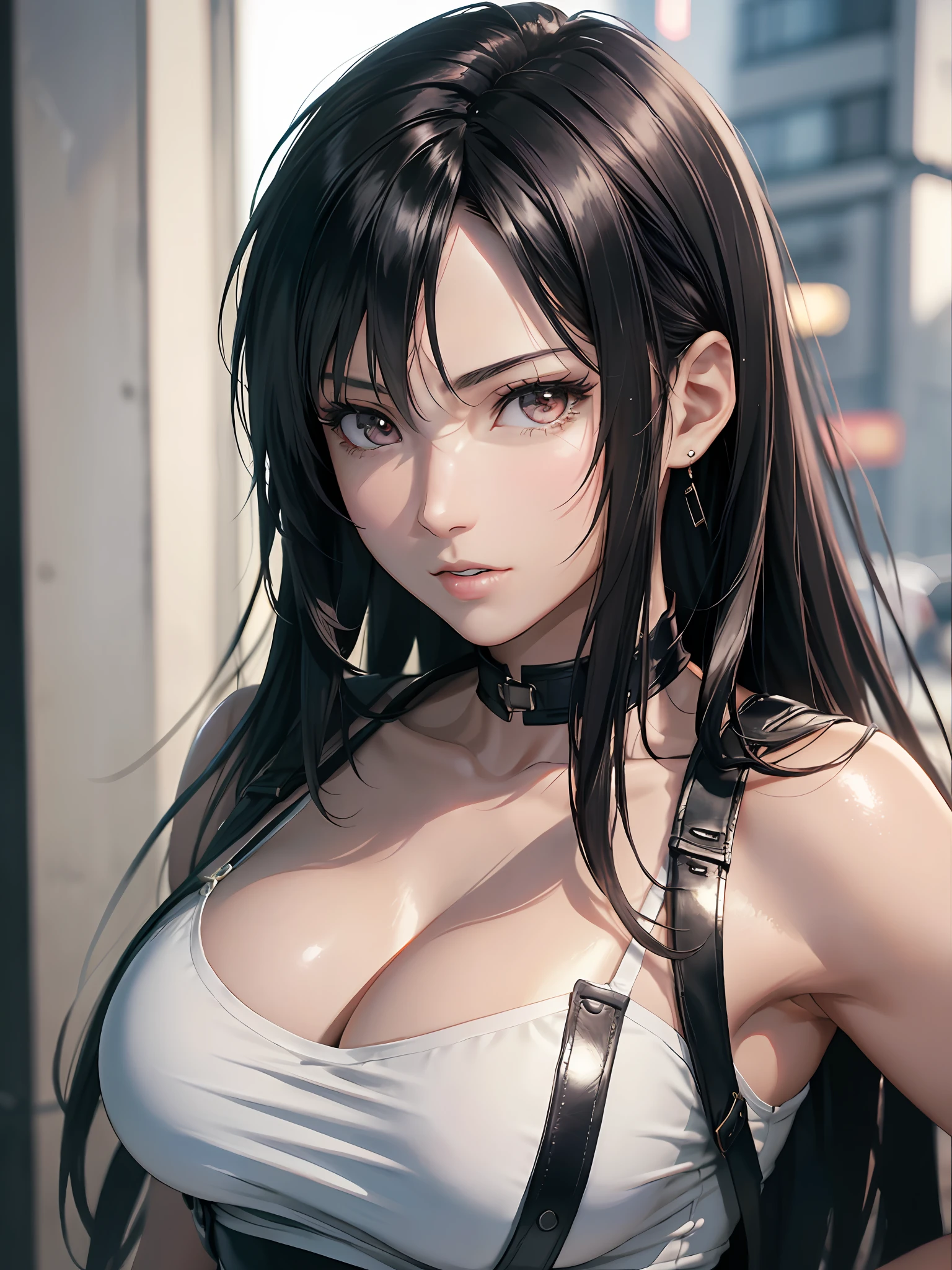 8k,masterpiece, bset quality,big, (1 girl), tifa lockhart, red_eyes, black hair, long hair, shiny skin, shiny big, ((best quality)), crisp focus: 1.2, very detailed face and skin texture, detailed eyes, perfect face, perfect body, art, cg, blur background, big with presence, 20yo, mature cool and beautiful face、