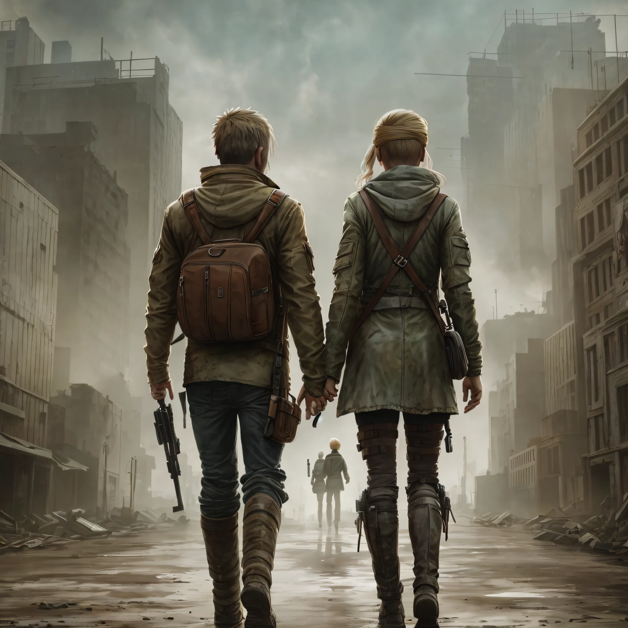 A couple walking in a post-apocalyptic world Woman with blonde hair Bald man --auto --s2