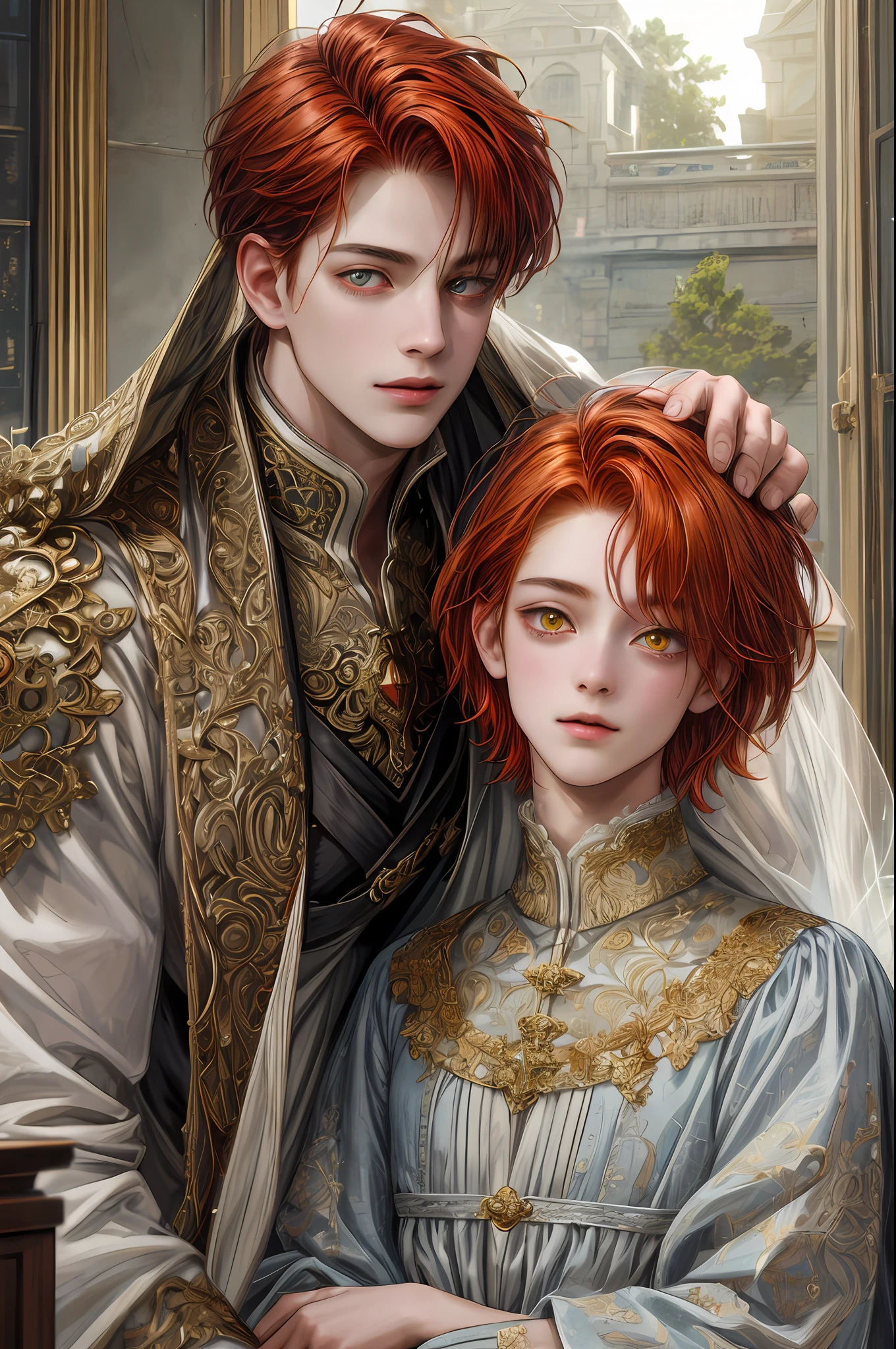 (Absurd, Intricate Details, Masterpiece, Best Quality, High Resolution, 8k), ((1boy)), 1 15-year-old boy, thin, young, finely detailed eyes and face, brave, auburn red low-faded hair, yellow eyes, and with feline pupils, portrait, looking at the viewer, solo, half shot, (light fantasy theme:1.1), focus, mercenary, divine aura, bright realistic lighting, intense atmosphere,  VFX.
