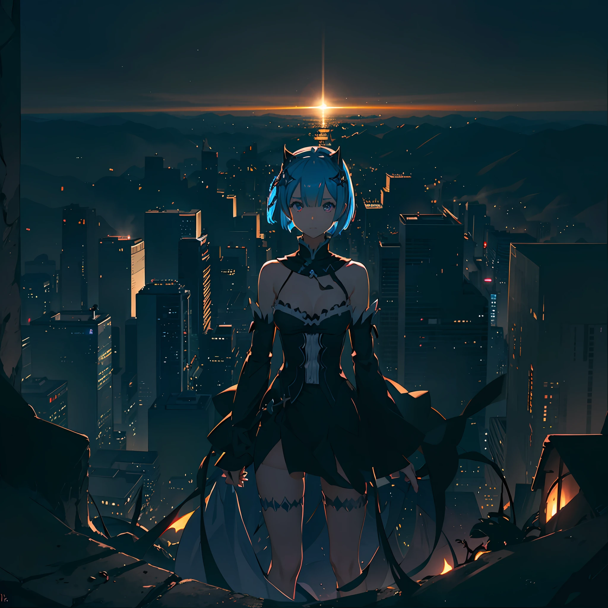 Dark abandoned city, luminescent lingerie, (Rem from Rezero), looking forward to a horizon, lens flare, flames, night, view from above, dark ambient, shadows, contrast, light focus at body