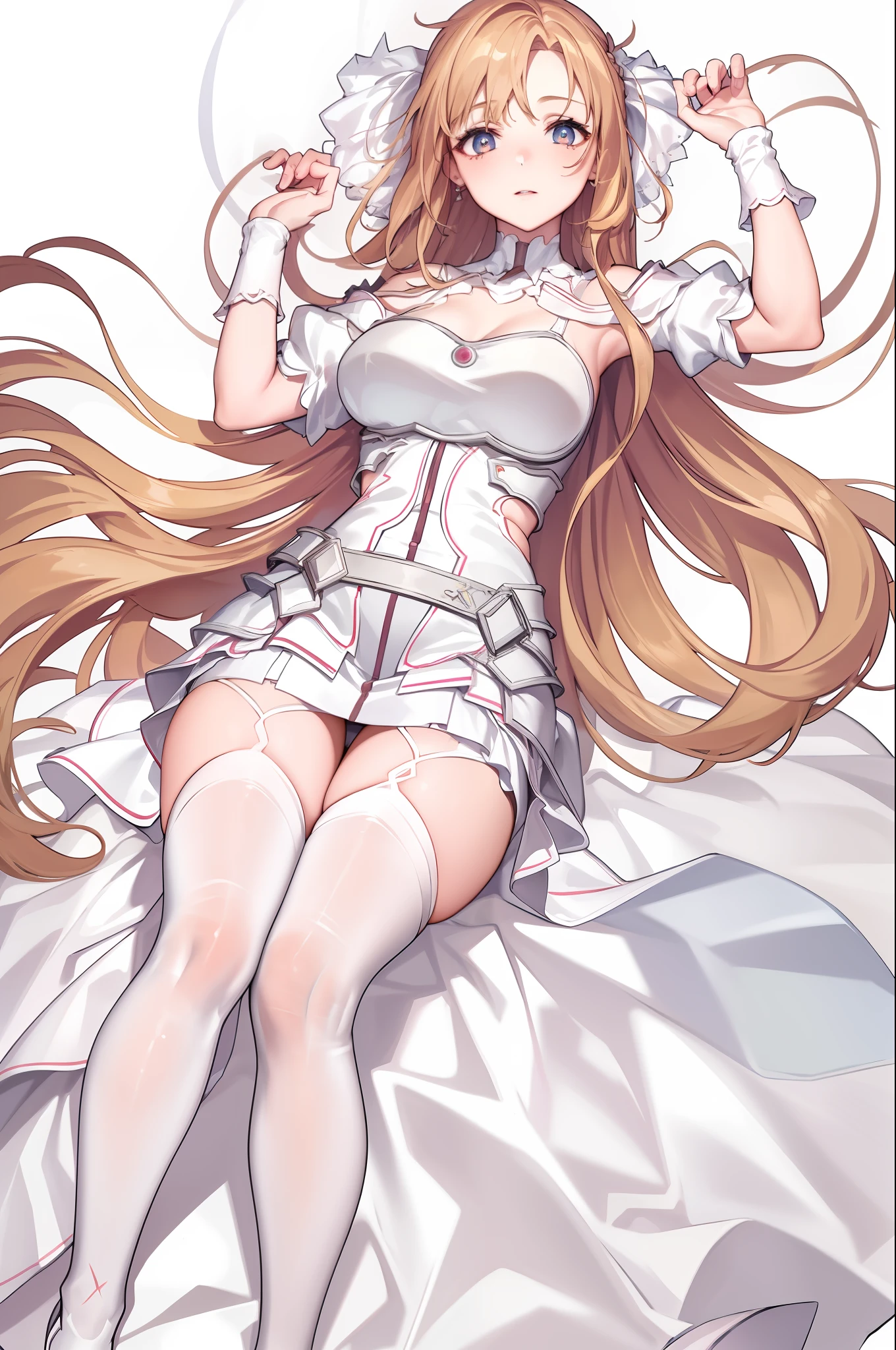 ((masterpiece)), best quality, ultra detailed,(1girl), long hair,beatiful background ,((a dress with white stockings on garters)), breasts, curvy body,lying, looks to the side, worried face,shows the ass,