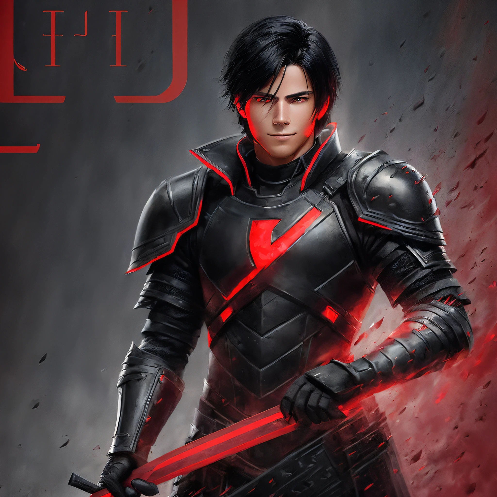 (Character Description:2) A young man with black hair, red eyes, wearing black armor with red details, looking forward with a calm look and simple smile --auto --s2